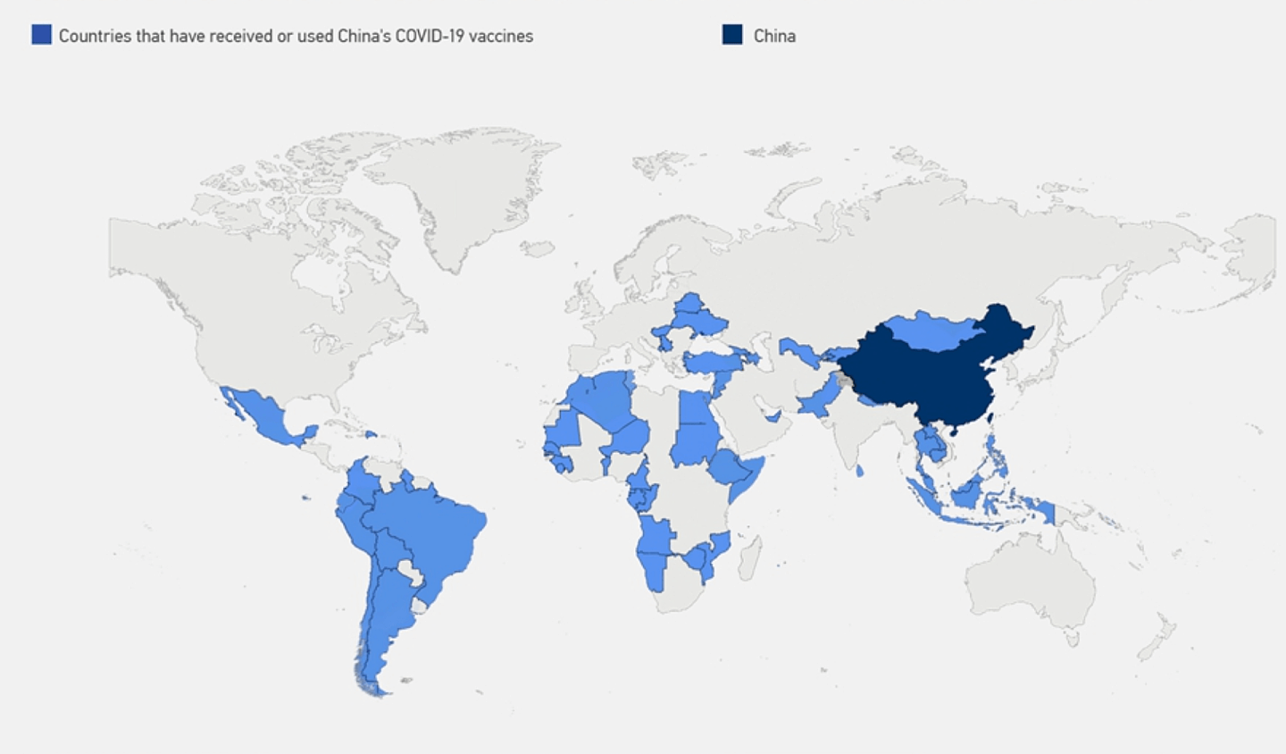 显示截至2021年4月26日已接受或使用中国新冠疫苗的国家的世界地图。（CGTN）