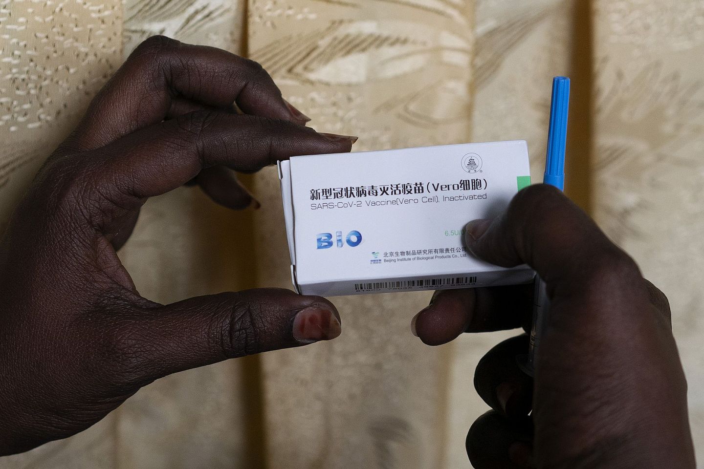 2021年2月23日，塞内加尔达喀尔卫生部，一名卫生工作者在新冠疫苗接种活动开拿着一个装有中国国药集团疫苗的盒子。该国还也通过COVAX计划获得近130万疫苗。(AP)