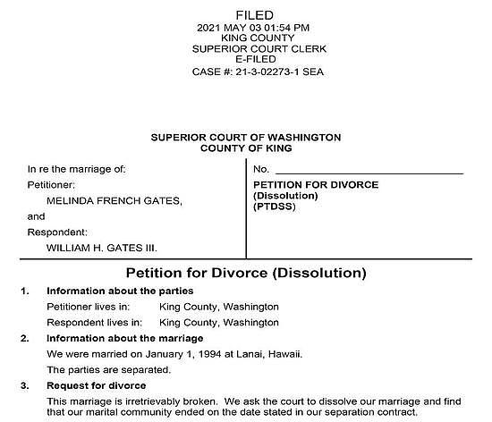  ↑梅琳达·盖茨提出的离婚申请 图据《每日邮报》