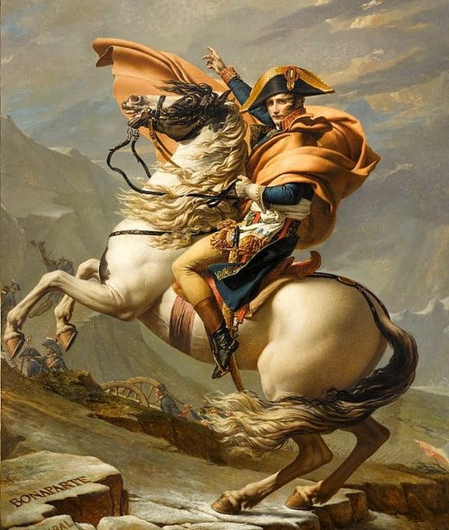 法国画家雅克—路易·大卫（Jacques-Louis David）笔下的《拿破仑·波拿巴穿越大圣伯纳德山口》（Bonaparte crossing the St Bernard Pass）