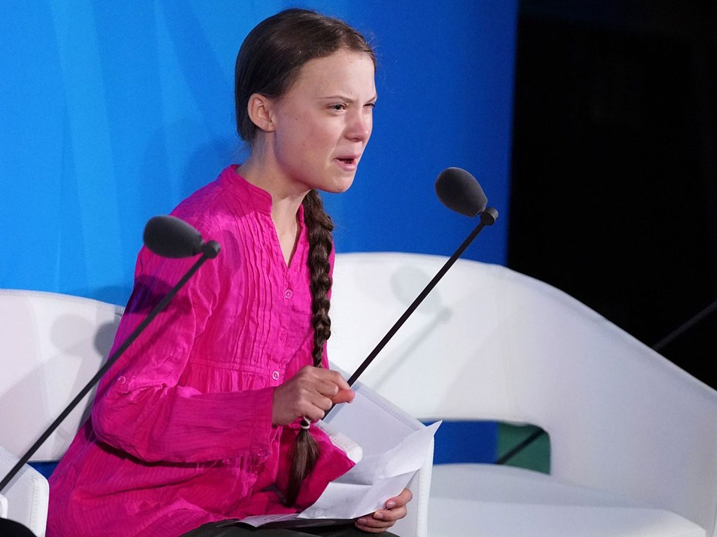 2019年9月23日，桑伯格出席联合国气候行动峰会期间发表满含情绪的演讲。（Reuters）
