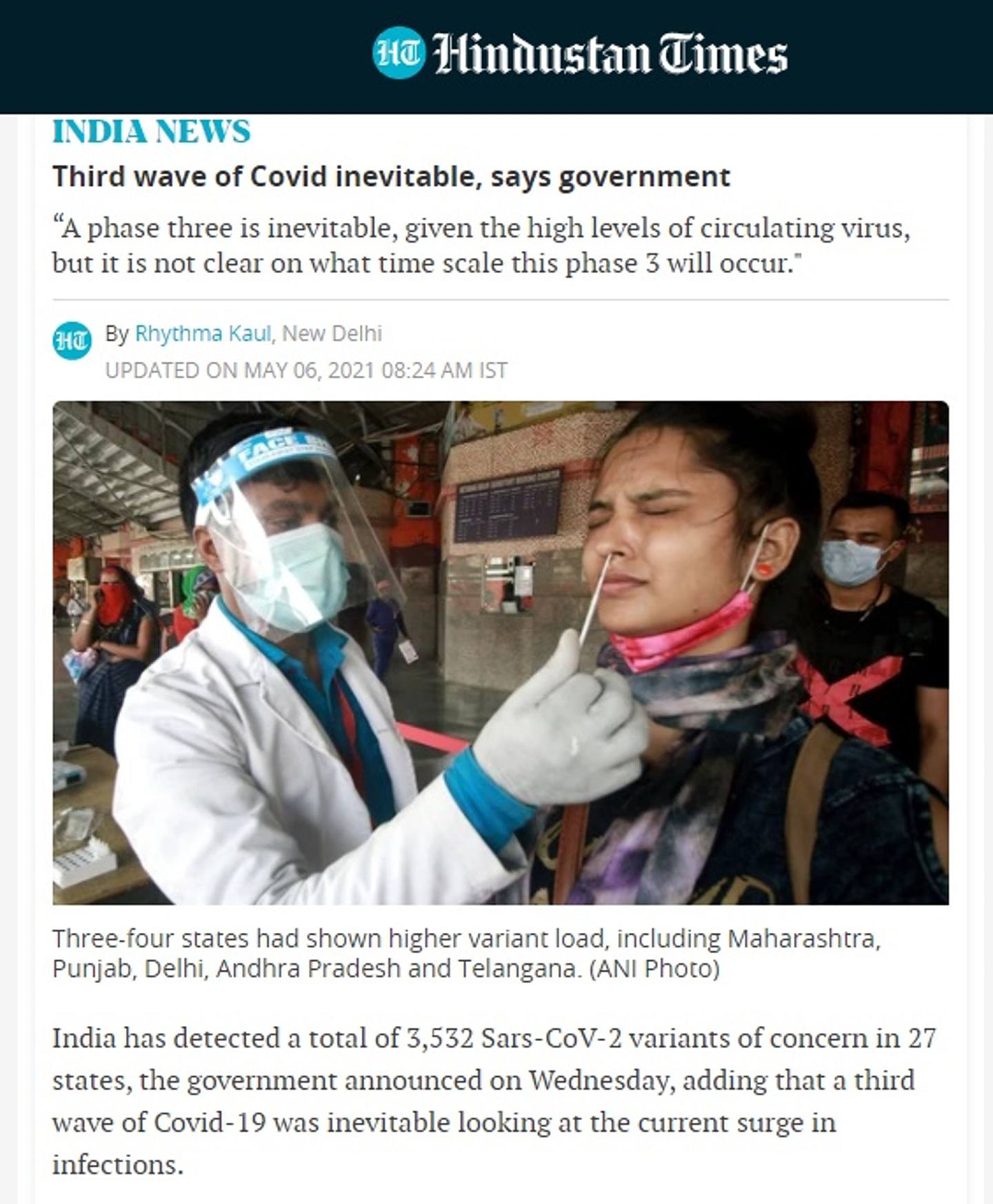 《印度斯坦时报》报道称，印度在27个邦发现3532种变种病毒。 （Hindustan Times）