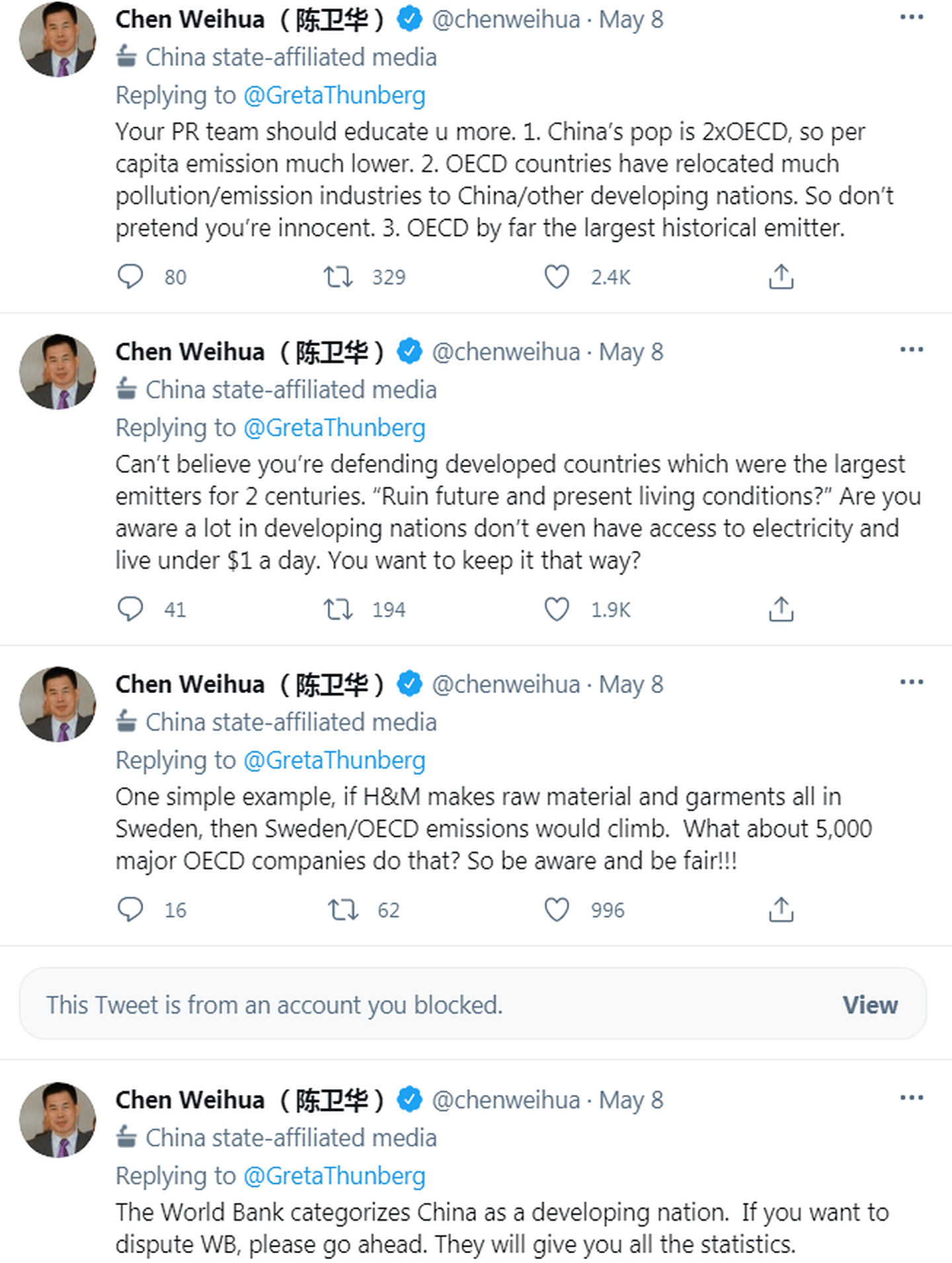 针对瑞典环保少女桑伯格批评中国环境污染，《中国日报》驻欧盟分社社长陈卫华四连击反驳。（Twitter＠chenweihua）
