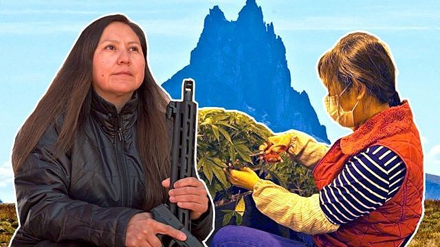 Composite image, Bea Redfeather, Chinese worker on cannabis farm, in front of Shiprock, New Mexico