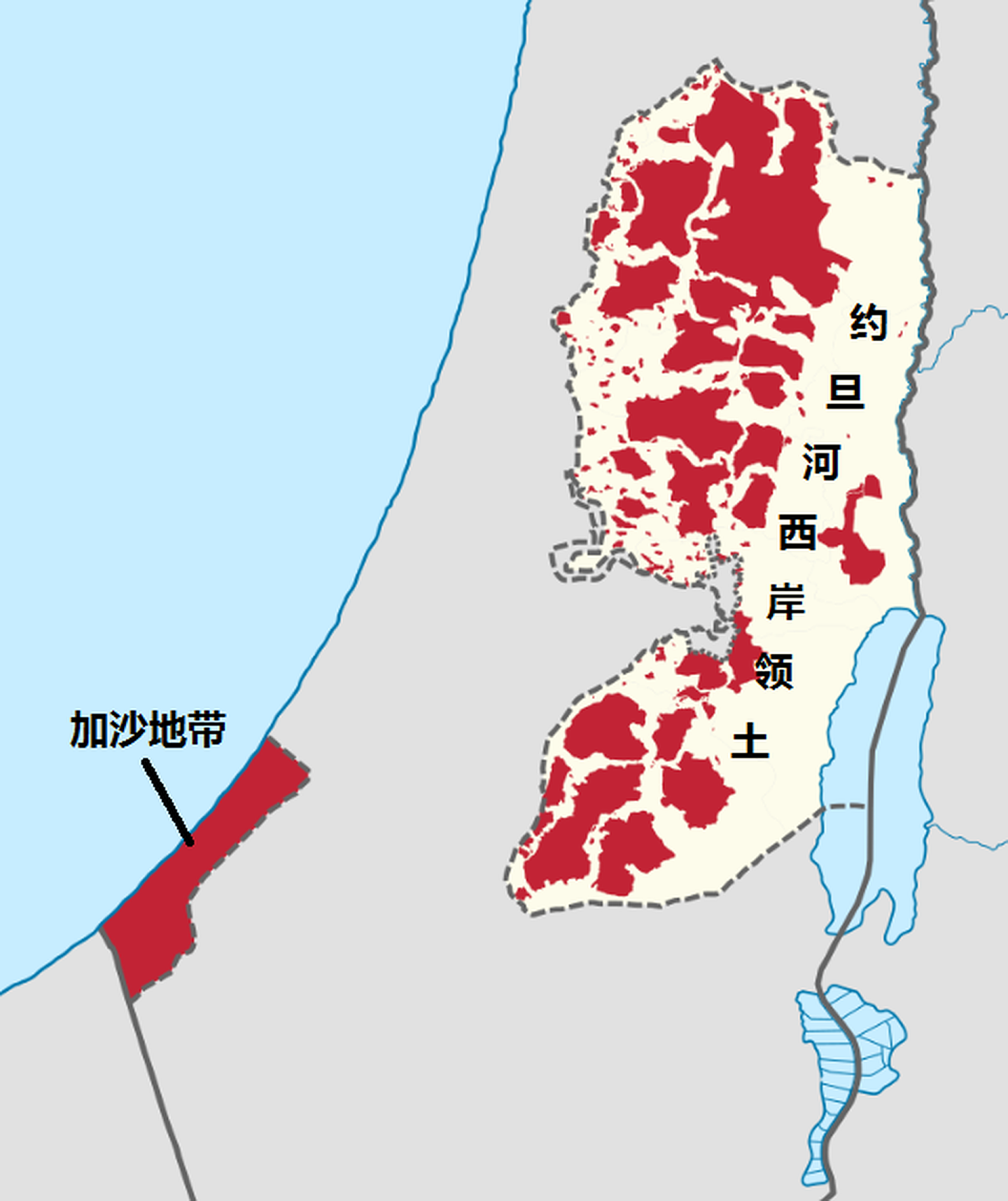 图中红色区域为目前巴勒斯坦政权控制区，其中总面积5,850平方公里的约旦河西岸领土基本上被以方全面掌控，当地的巴勒斯坦军警甚至会帮助以色列协办要案。（维基百科公有领域）
