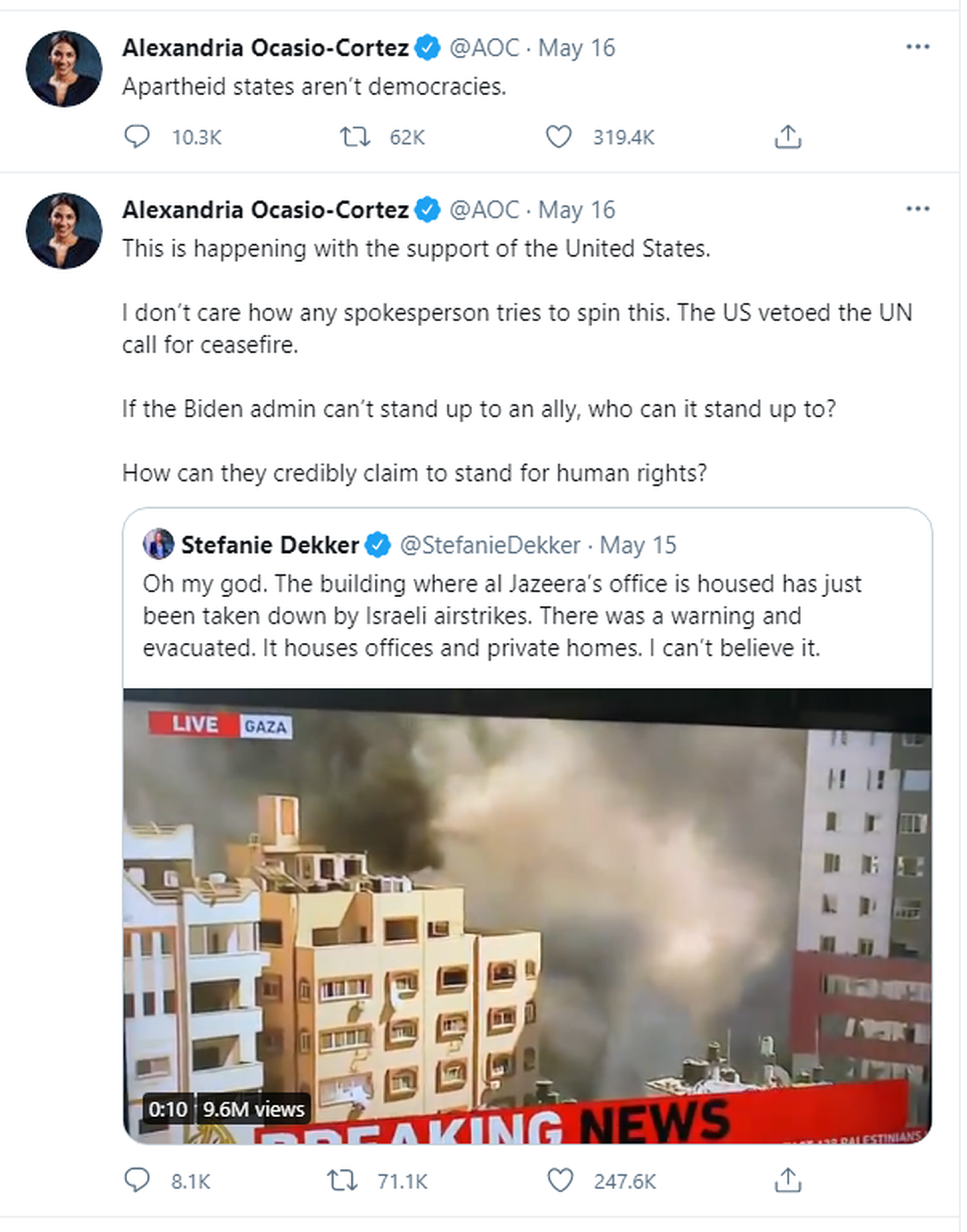 奥卡西奥-科尔特斯多次在Twiiter上声援巴勒斯坦，指责拜登当局和以色列。（Twitter@AOC）