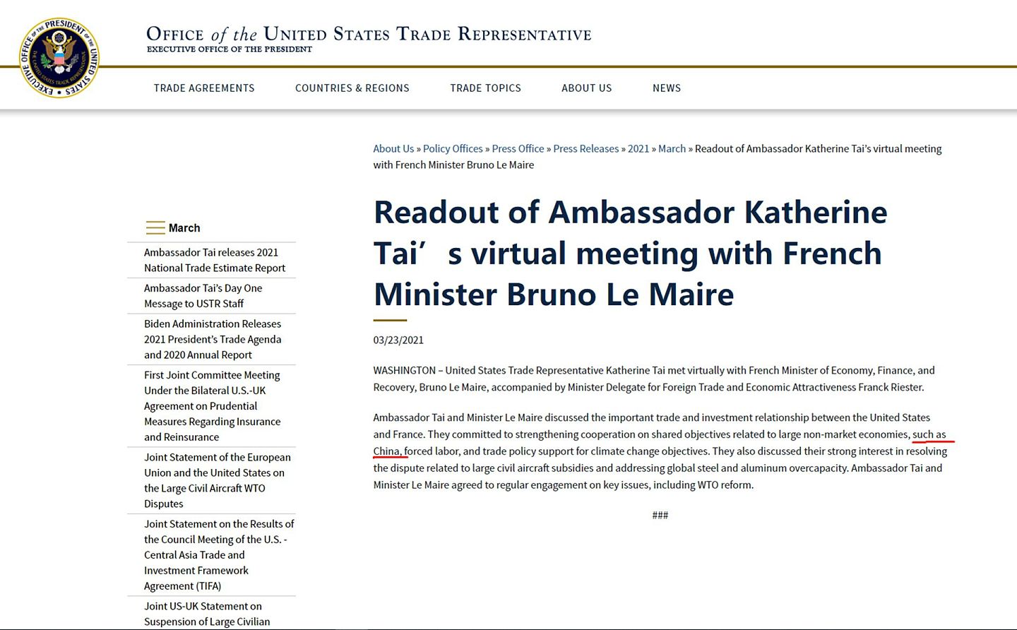 2021年3月23日，戴琪与法国经济部长勒梅尔（Bruno Le Maire）举行视频会议，期间直接谈及中国（红线处）。（美国贸易代表办公室网站截图）