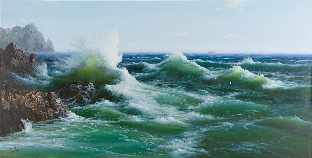 油画《大海》(2008)由朝鲜艺术家集体绘制的。该国所有专业画家都属于两个由政府严格控制的官方工作室。