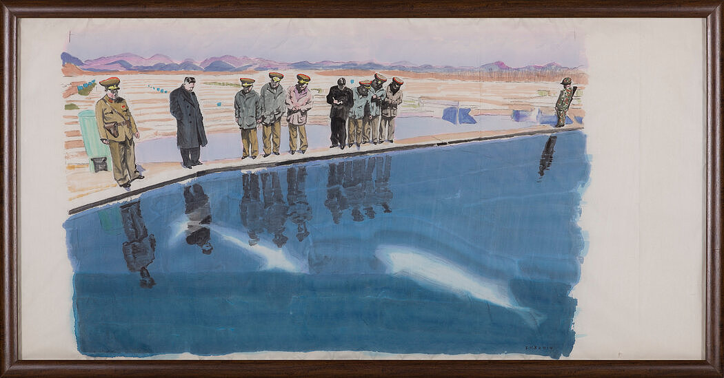 冯梦波的《两只大白鲨》(2014)。乌利·希克说，这件作品被用在展览的宣传上，遭到了朝鲜的投诉。