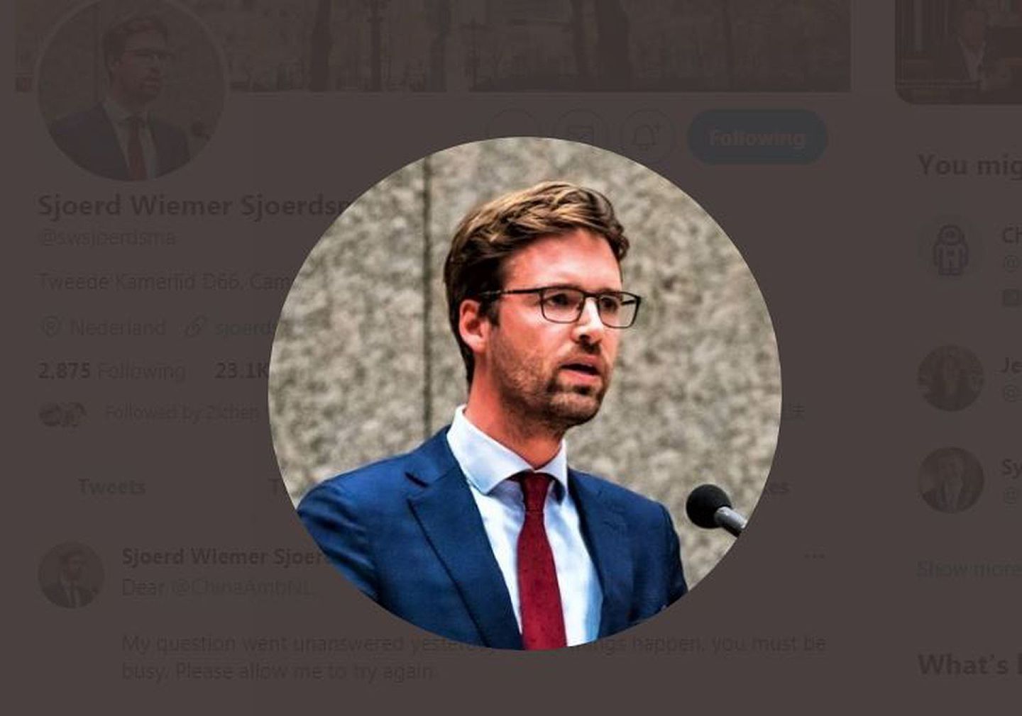 这是荷兰议会议员舍尔茨玛（Sjoerd Wiemer Sjoerdsma）。（Twitter@Sjoerd Wiemer Sjoerdsma截图）