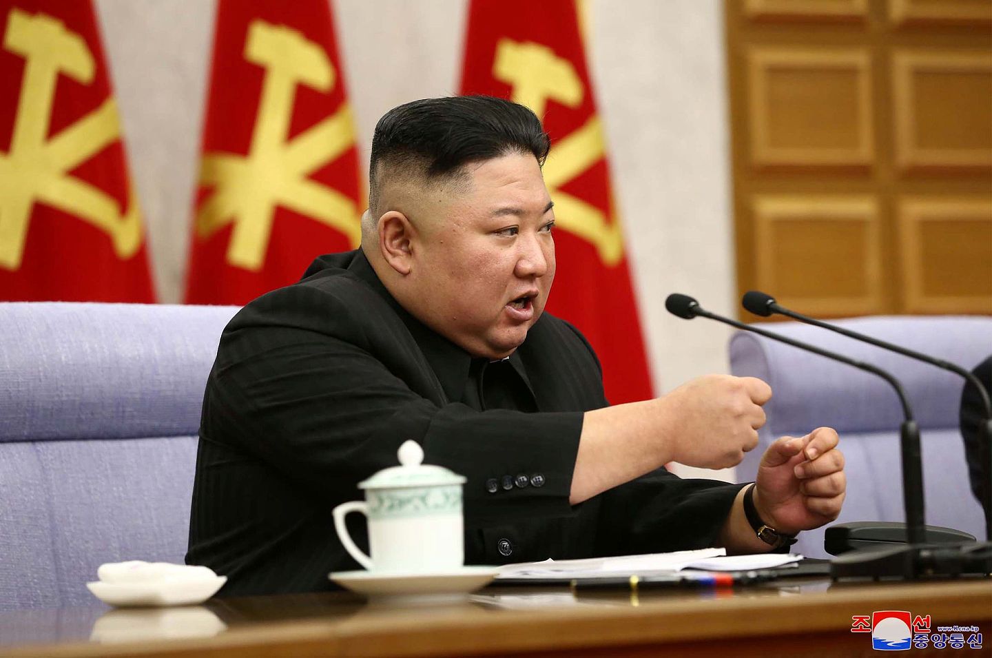 2021年2月8日，朝鲜最高领导人金正恩在朝鲜劳动党中央委员会全体会议上讲话。（Reuters）