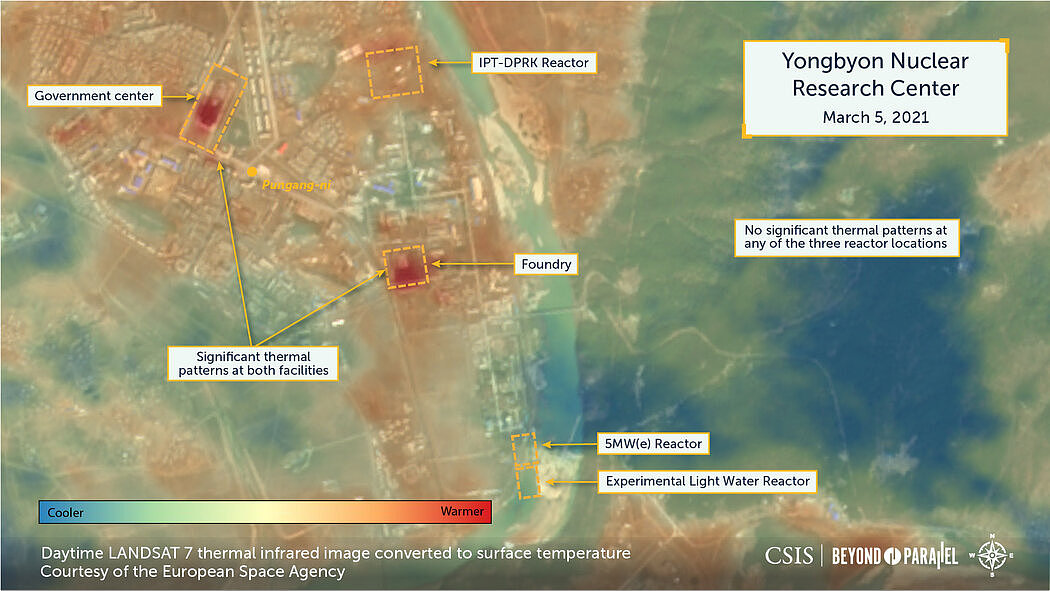 由战略与国际研究中心提供的注解图片显示了朝鲜宁边核设施的卫星热成像。