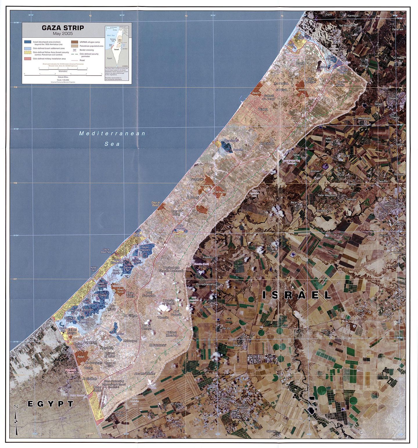 图中蓝色区域为以色列在2005年撤出加沙前的犹太民用建设区。（Wikimedia Commons）