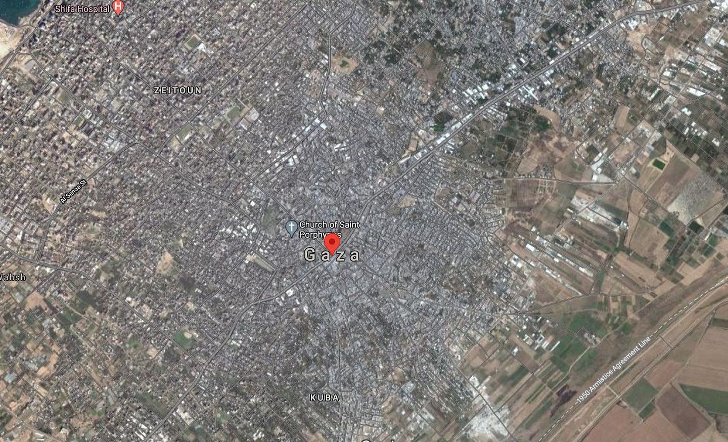 从卫星图片可见加沙城的密集程度。（Google Map）