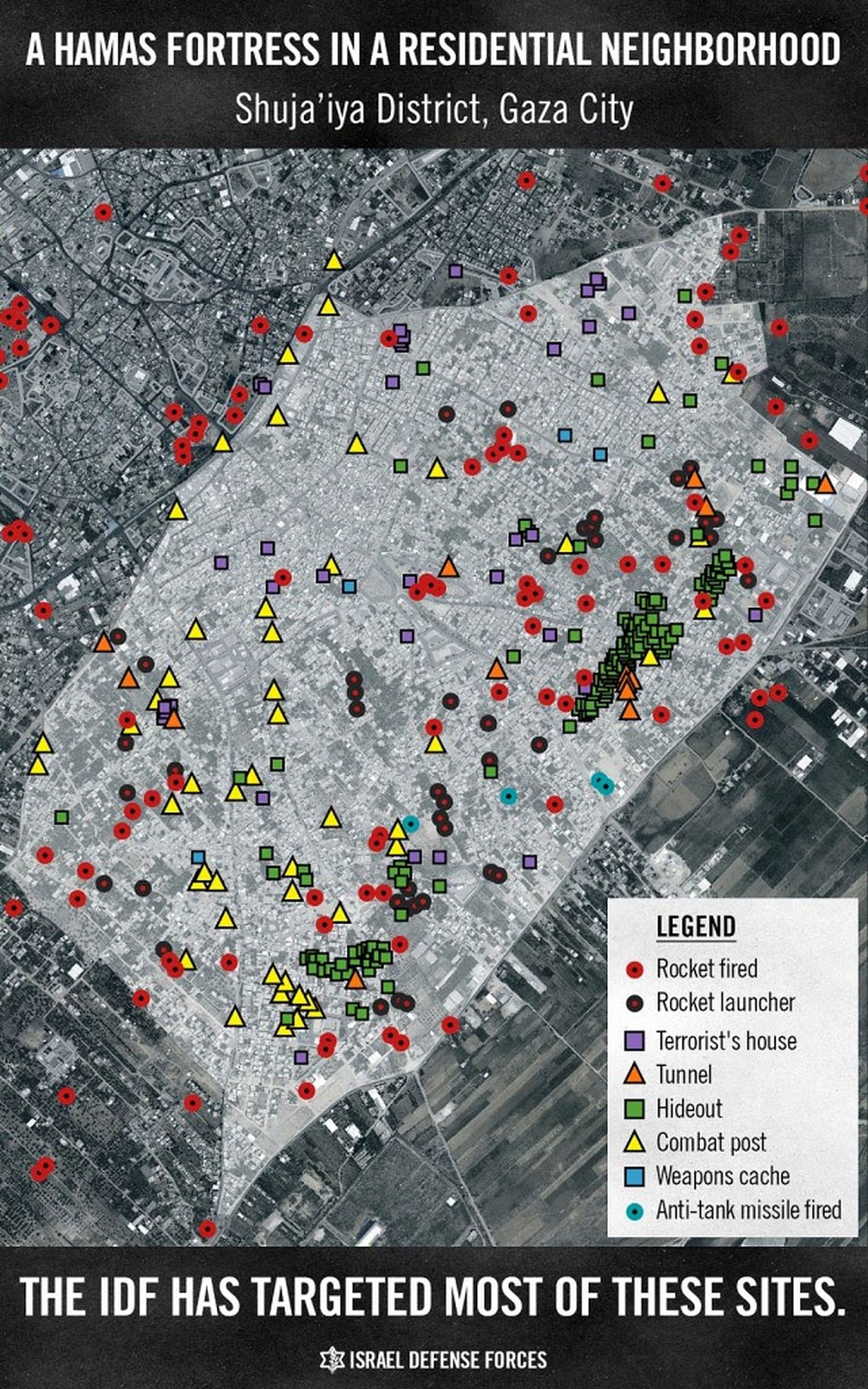 以色列军方发布、在加沙城一区的哈马斯据点图。当中红色三角为地道口。（Jewish Virtual Library）