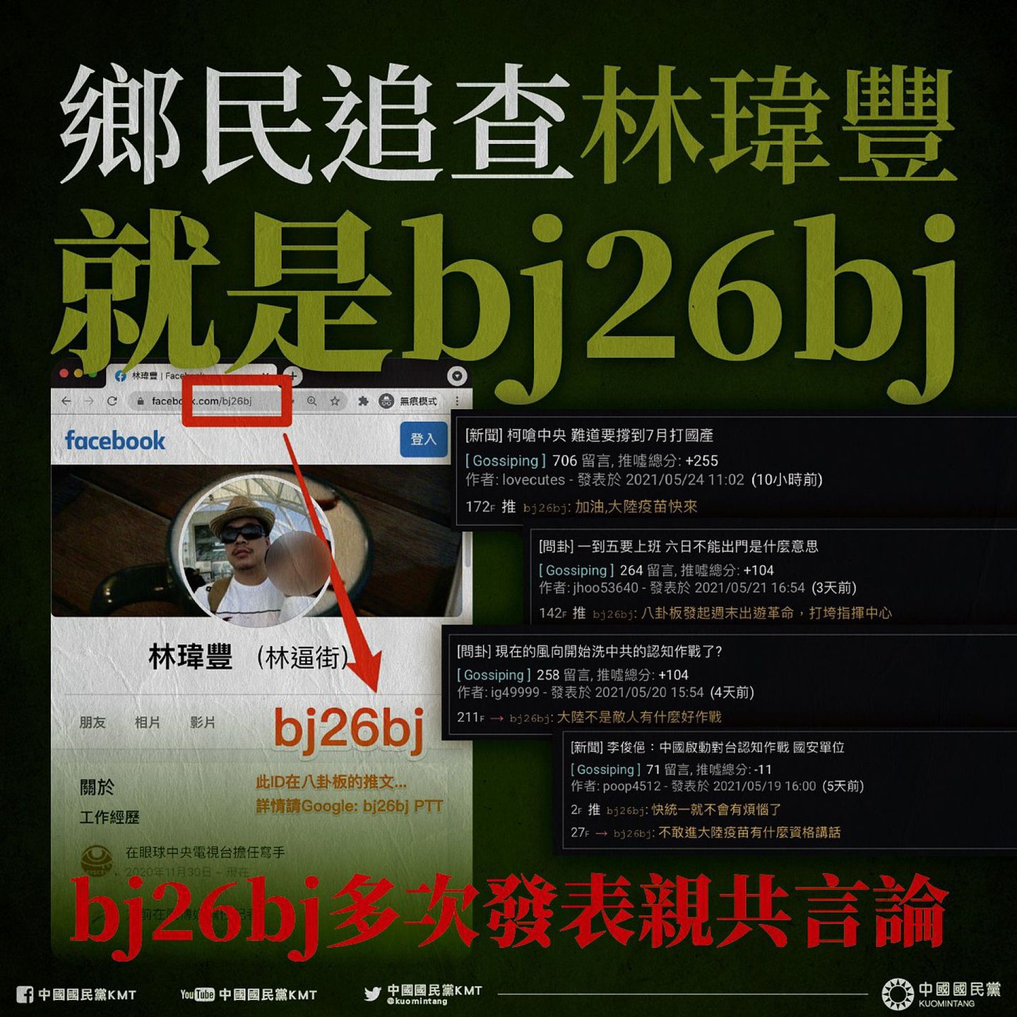 经过台湾网民的追查，证实长期散播中共信息的帐号“bj26bj”，拥有者为与民进党关系匪浅的亲绿写手林玮丰。（国民党文传会提供）