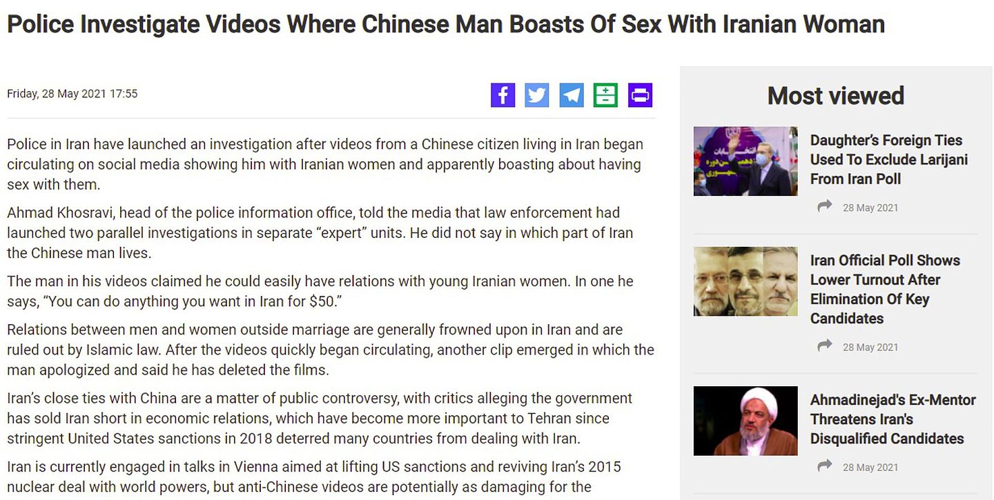 伊朗传媒报道，一名中国男子声称非常容易就能与当地的年轻女子发生性关系。（Iran International）