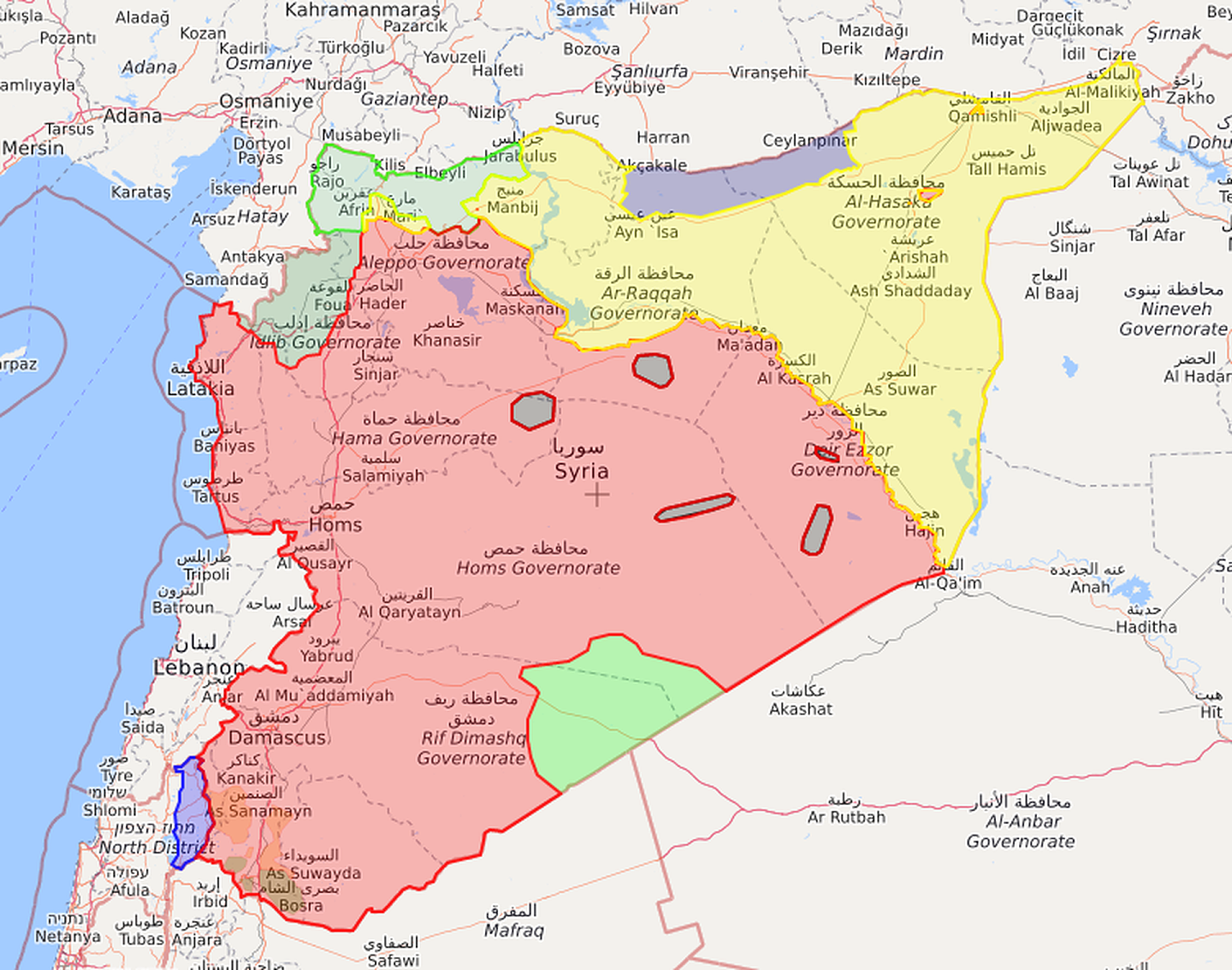 叙利亚势力分布图，红色地区为政府军，绿色地区为土耳其支持的叛军，黄色地区为库尔德人，灰色地区为俄土共同巡逻的安全区，左下角紫色区域为以色列占据的戈兰高地。（来源：liveuamap）