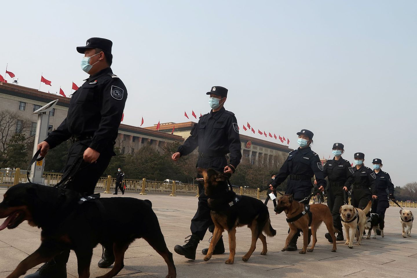 2021年3月8日，警察带着警犬在天安门广场巡逻。（路透社）