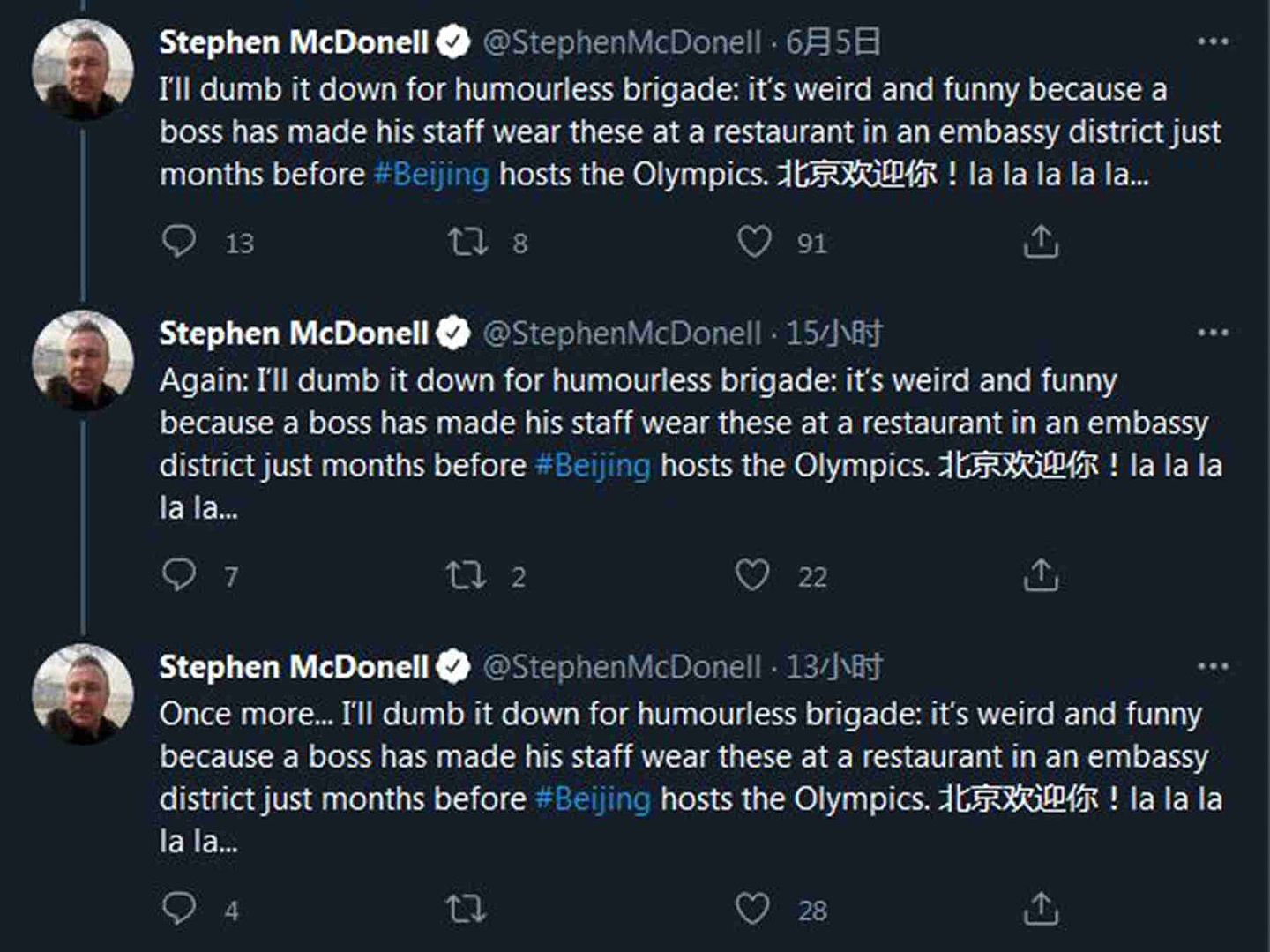 麦克唐纳就此事提及北京冬奥会，并连发三遍推文。（Twitter@Stephen McDonell）