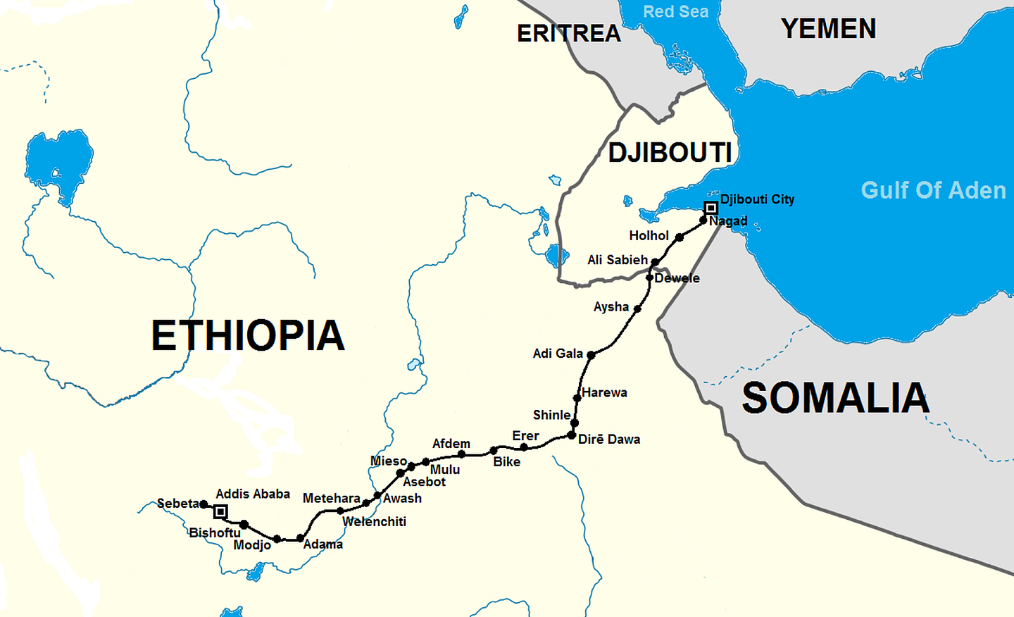 由吉布提直通埃塞俄比亚首都亚的斯亚贝巴（Addis Ababa）的铁路网。（Wikimedia Commons）