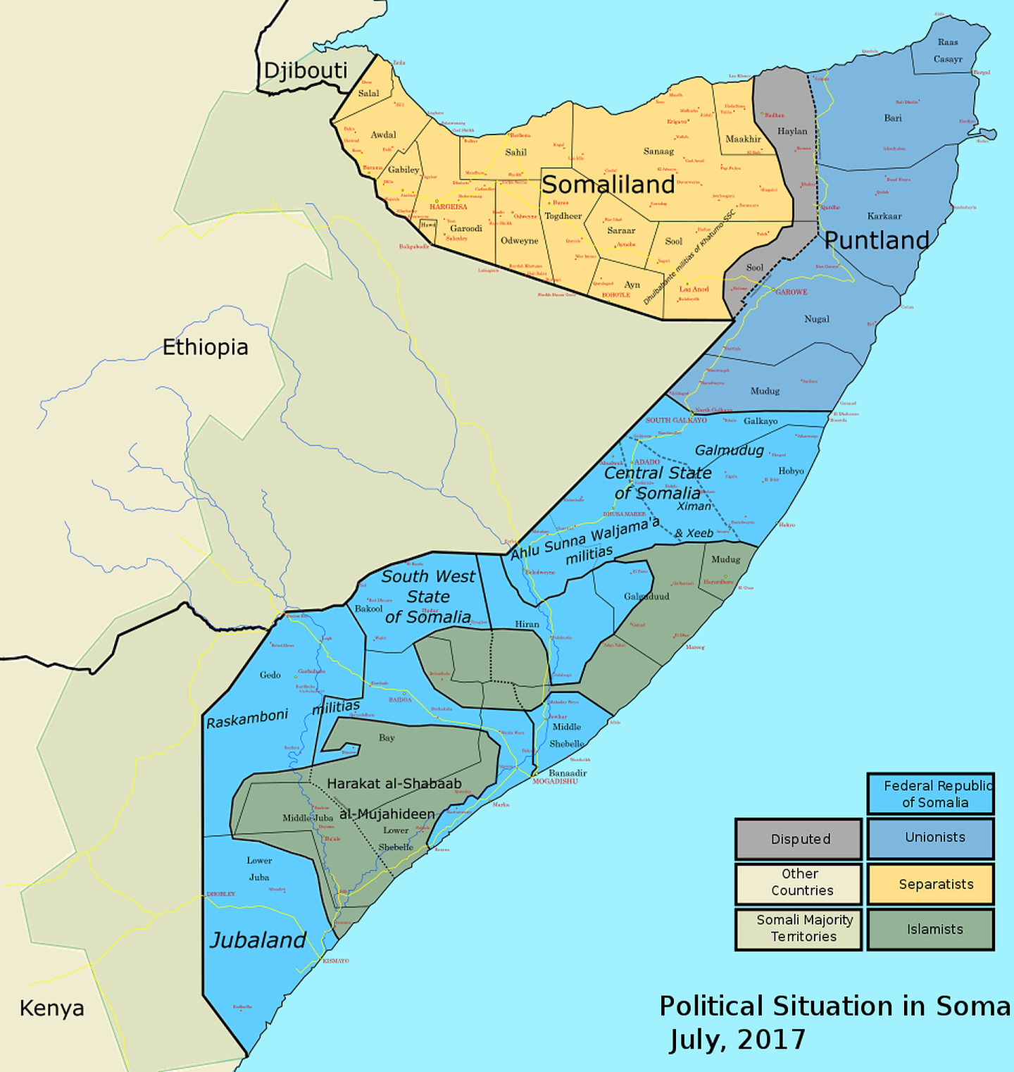 2017年的索马里权力分布图，索马里兰（Somaliland）已自行宣布独立，邦特兰（Puntland）亦属自治地区；南部不少地区都在政府控制范围之外。（Wikimedia Commons）