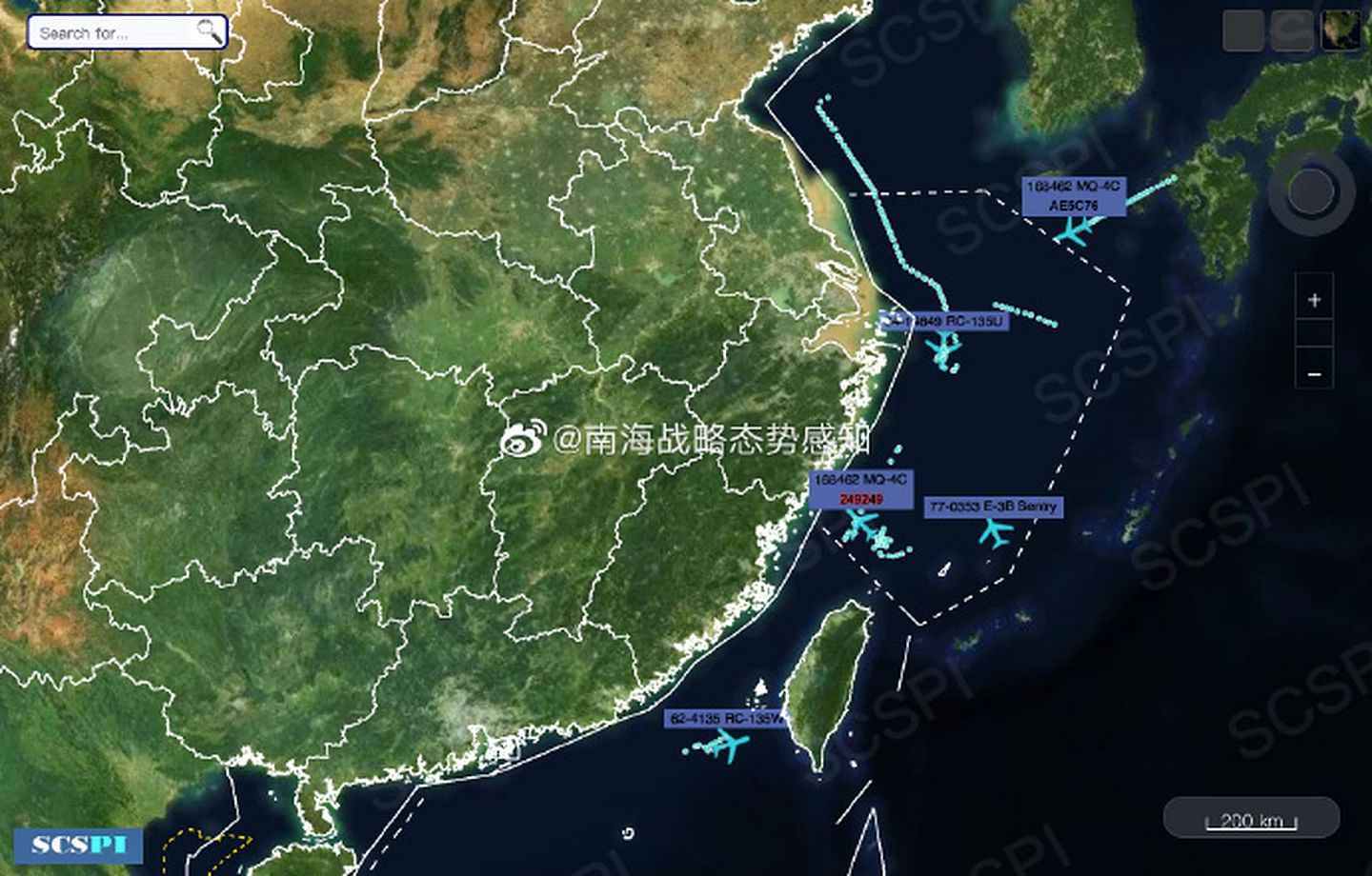 最新消息指，美军机现身三大海域，台海局势紧张。（微博@南海战略态势感知）