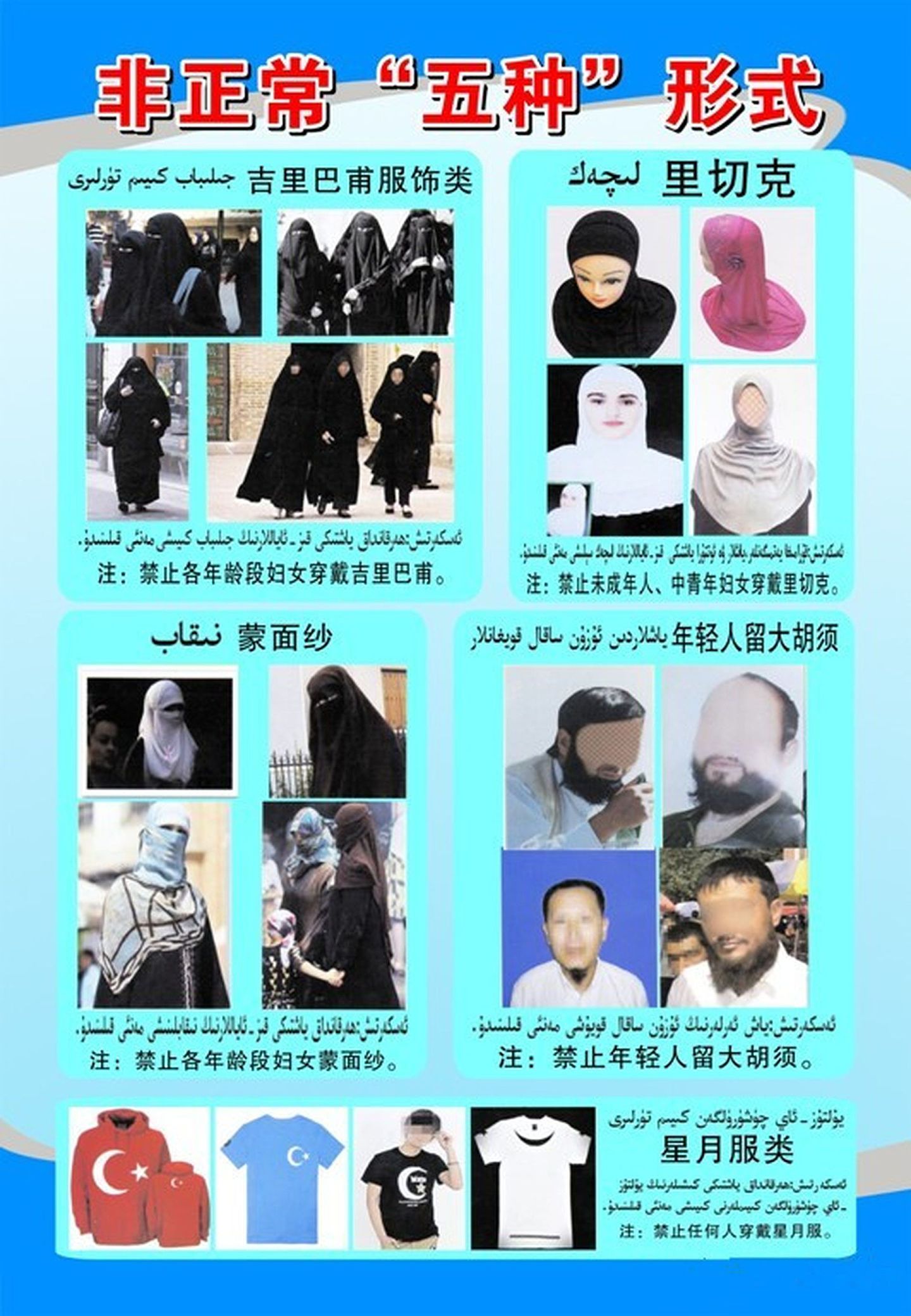 新疆自治区禁止民众穿着以下五种服装打扮。（微博@都护西域）