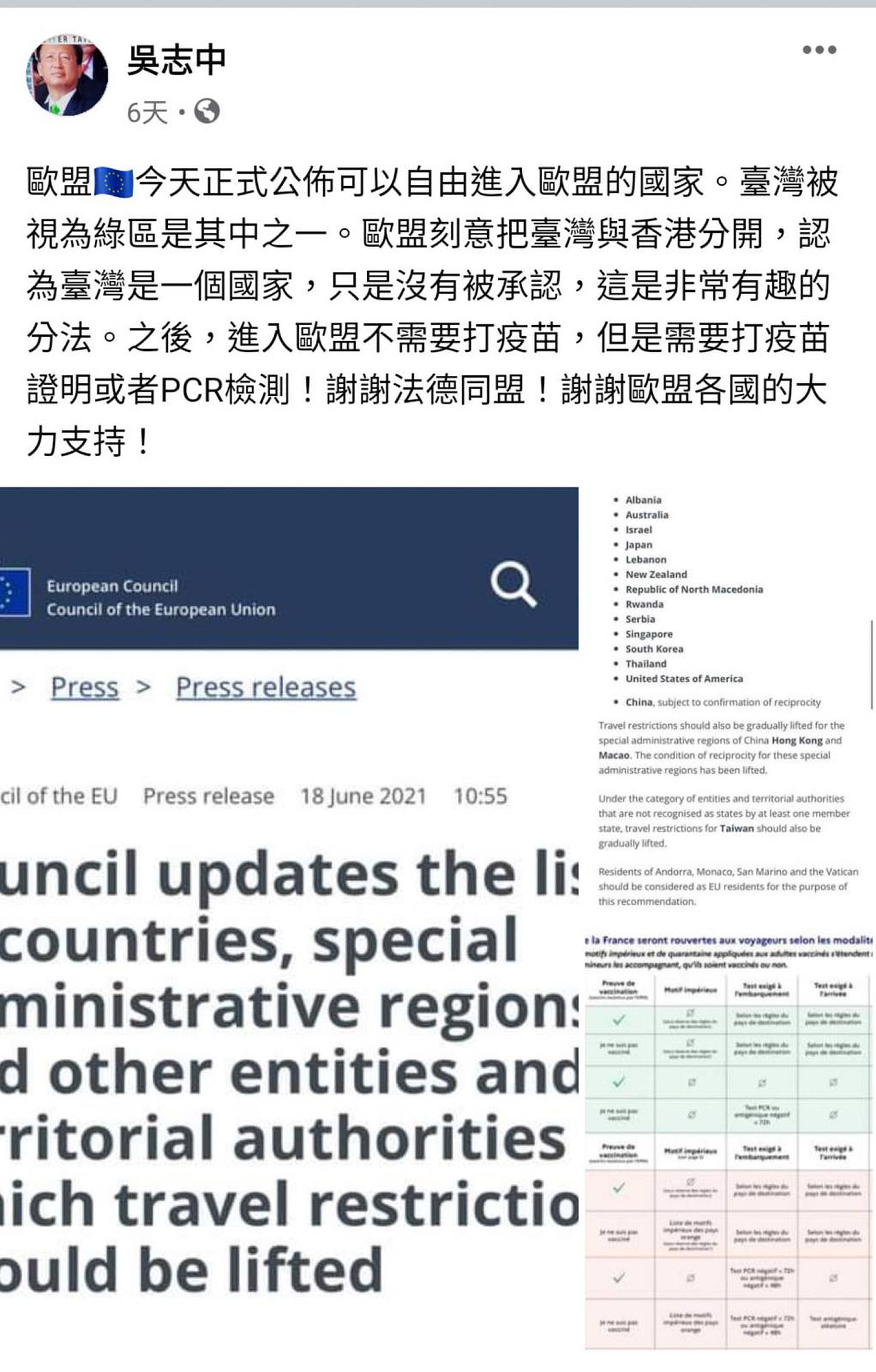 台湾驻法国代表称，台湾进入欧盟可不须施打疫苗，即能在境内自由活动。（Facebook@吴志中）