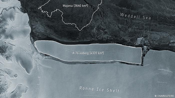 今年5月，世界上最大浮动冰山A-76脱离南极冰原     