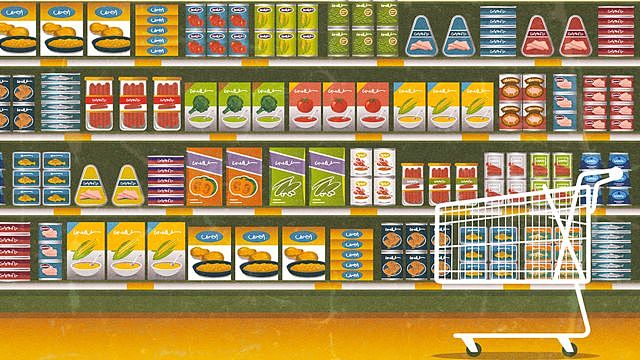 Illustration of a shop shelf filled with colourful products