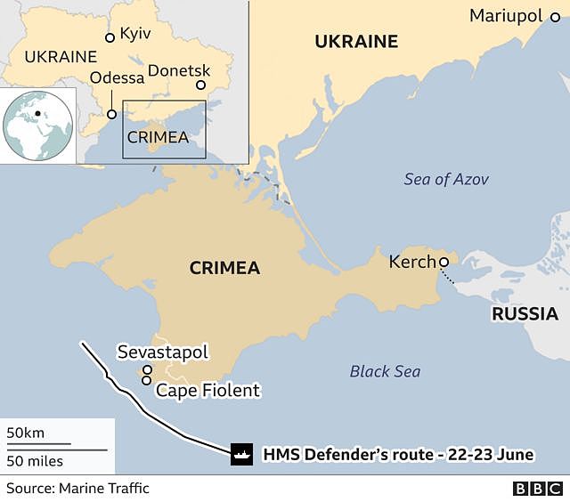 Map showing Crimea, Ukraine and Russia and the warship's path