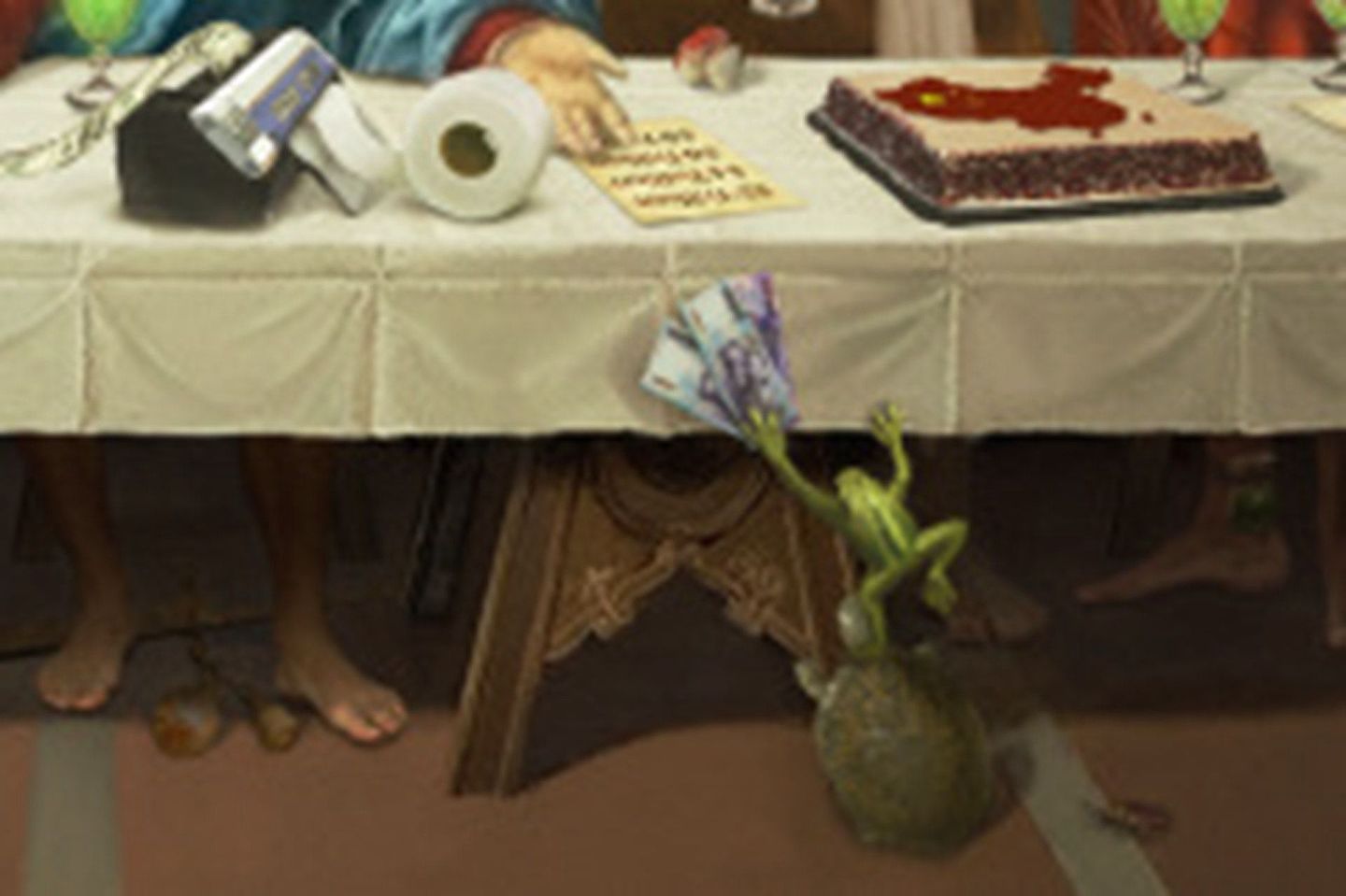 中国大陆画师“半捅老阿汤”的作品“最后的G7”中，其中一部份画面出现一只试图跳到桌上塞新台币给美国的青蛙，维妙维肖的比喻了当前台湾的处境。（微博@半捅老阿汤）