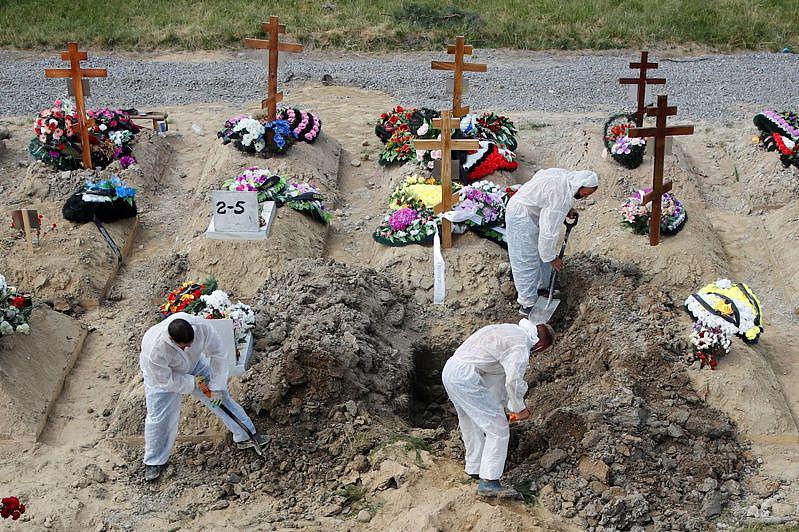 穿着防护装备的掘墓人，在圣彼得堡的一个墓地埋葬染疫死者。 （路透）