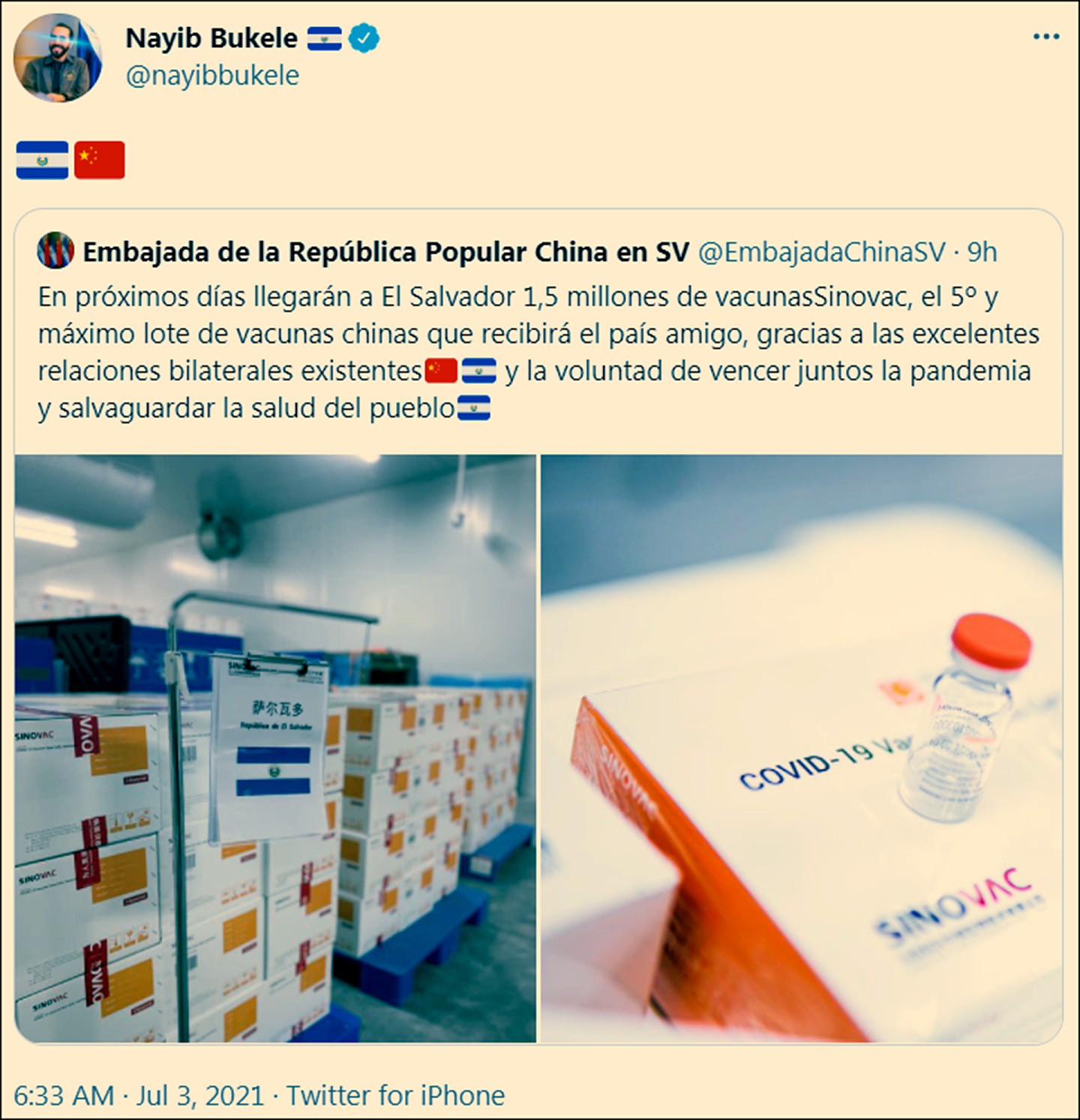 萨尔瓦多总统转发中方使馆的声明，并配上了中国国旗。（Twitter@Nayib Bukele）