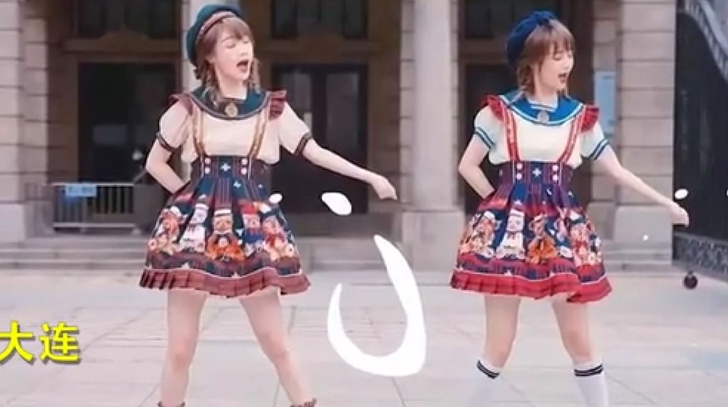 视频中，“机智的党妹”身穿日服在旅顺博物馆前跳舞。（B站@机智的党妹）