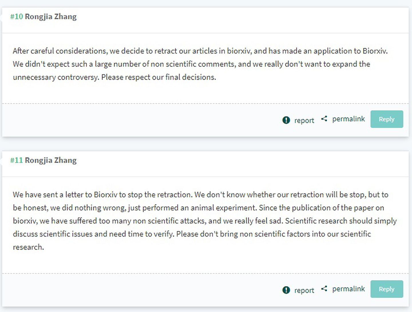 在最新一则留言中，张荣佳称已向BioRxiv写信停止撤稿。（PubPeer）