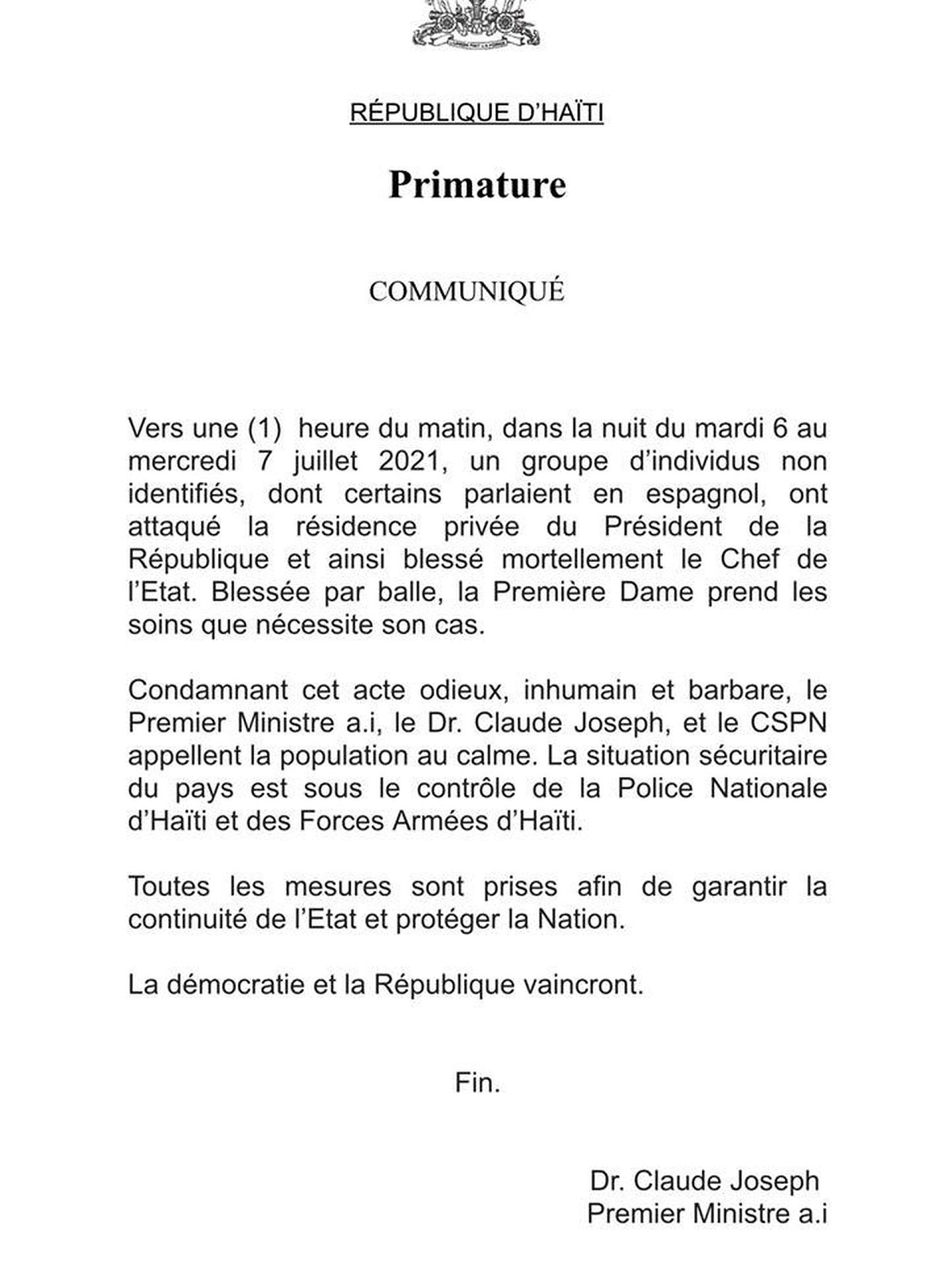 7月7日，海地发表总统遇刺官方声明。（海地总理官网）