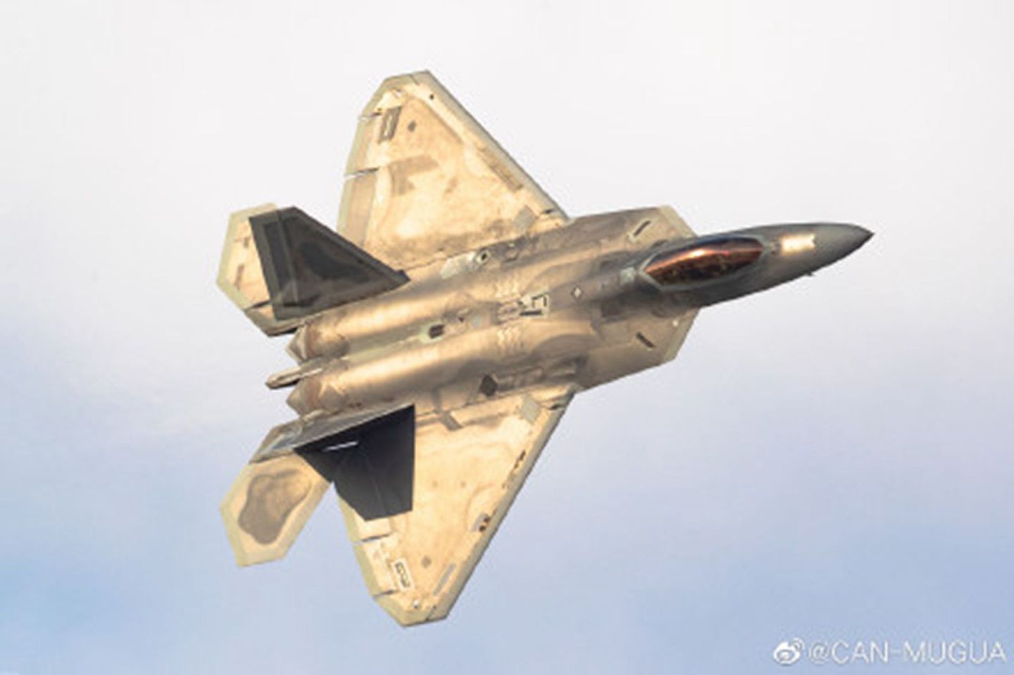 F-22是美国一型单座双发高隐身性第五代战斗机.（微博@CAN-MUGUA）