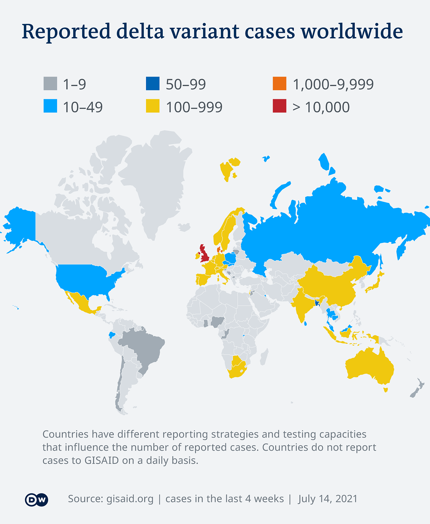 Infografik Reported delta variant cases worldwide EN