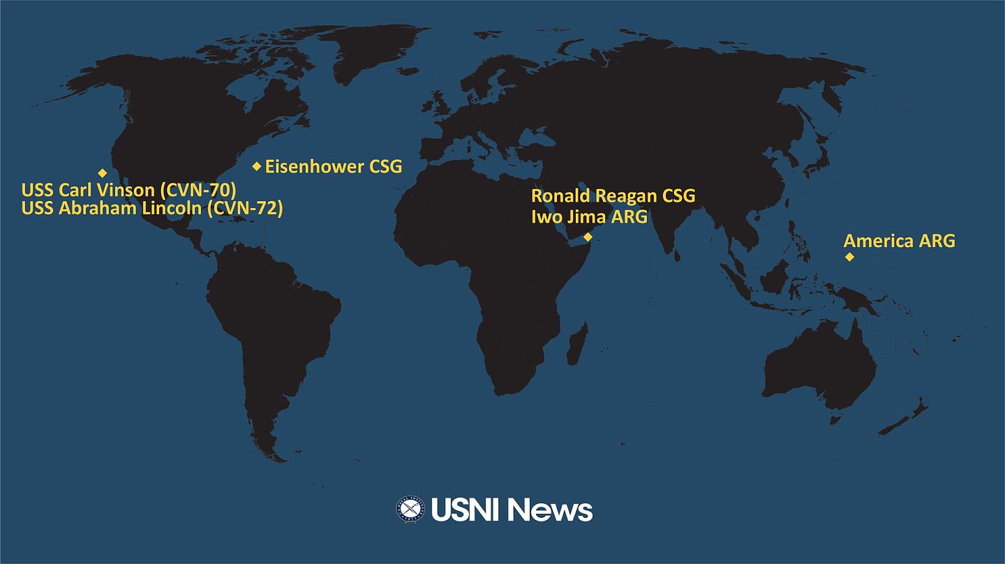 根据美国海军于2021年7月12日公布的美国航母位置显示，西太平洋地区出现航母真空区。（美国海军协会官方网站 USNI）