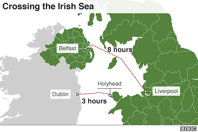 Map showing routes across the Irish Sea from Holyhead and Liverpool