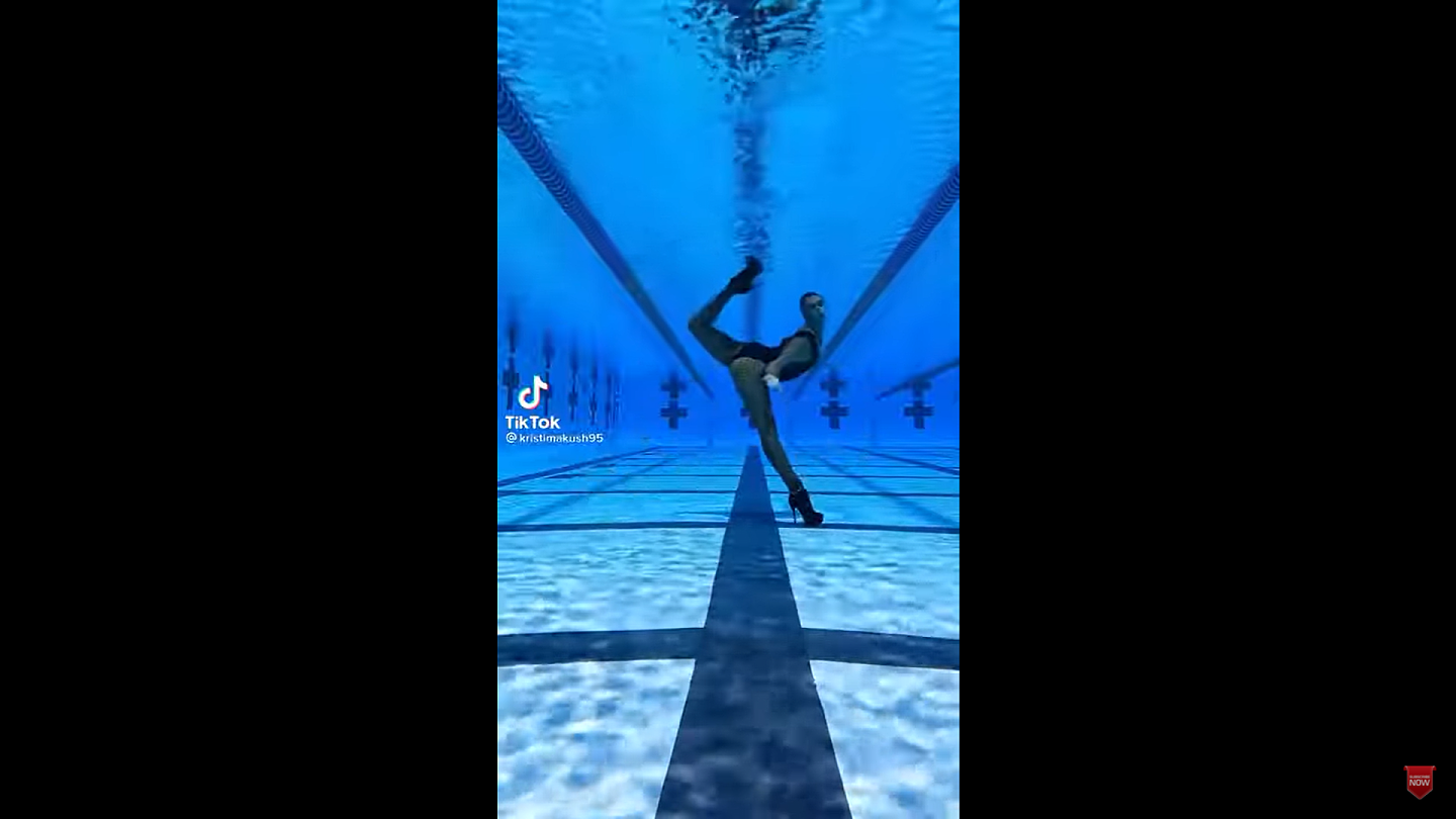 俄罗斯前韵律运动员Kristina Makushenko，在水中踩著高跟鞋跳舞的影片。（截图youtube@Kristina Makushenko）