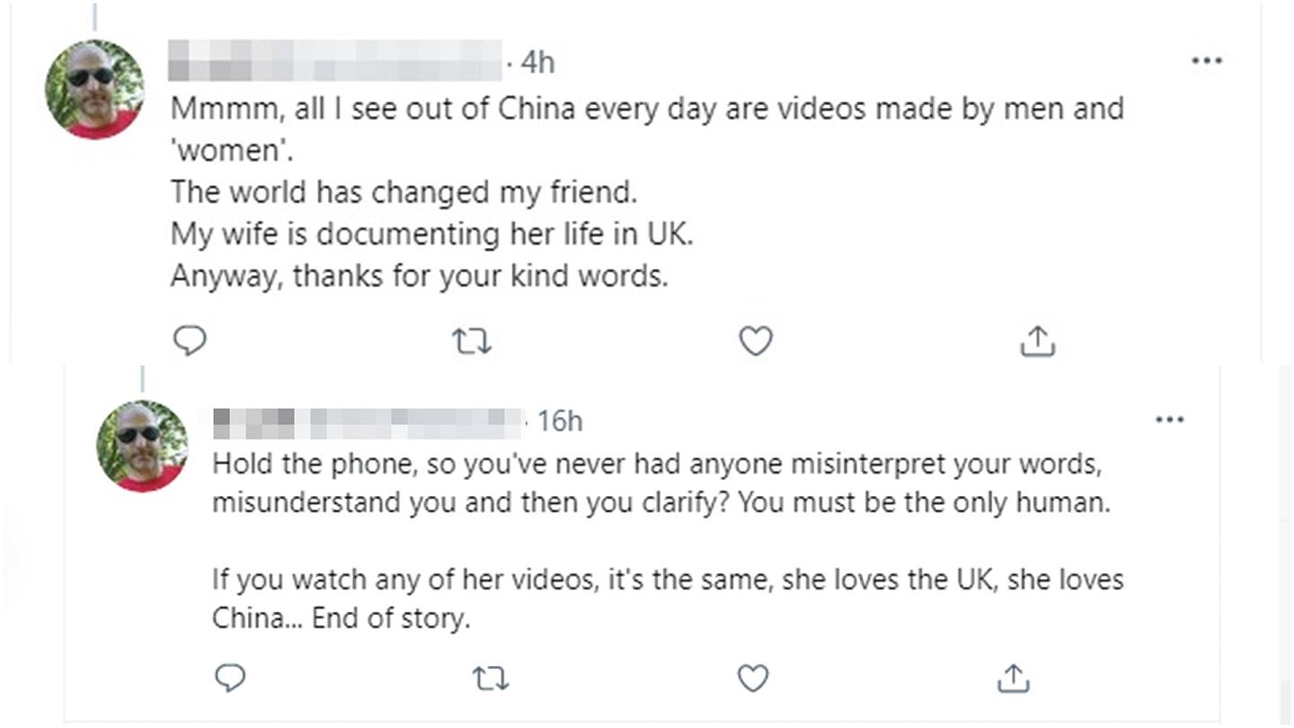 疑似女子的丈夫在Twitter力挺其妻，强调其妻子人热爱中国和英国。 （Twitter截图）