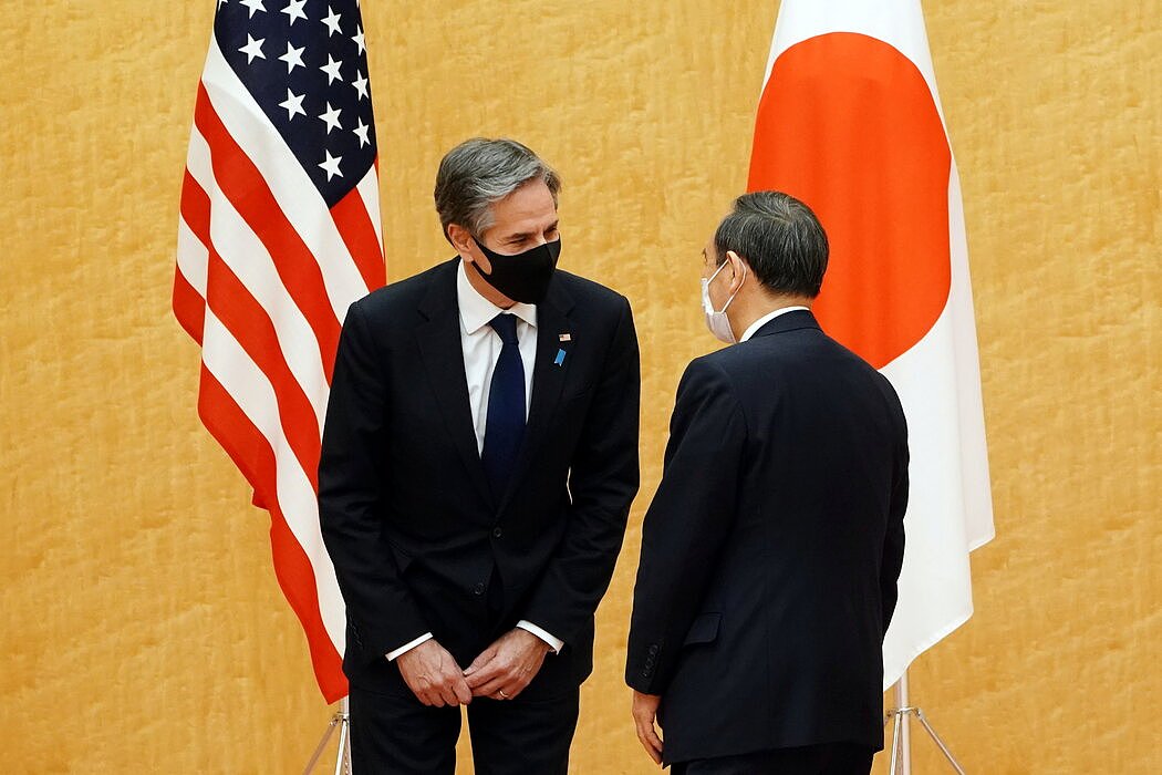 今年3月，美国国务卿安东尼·J·布林肯（左）与日本首相菅义伟在东京会面。布林肯不访问东南亚的决定被一些人视为一种冷落。