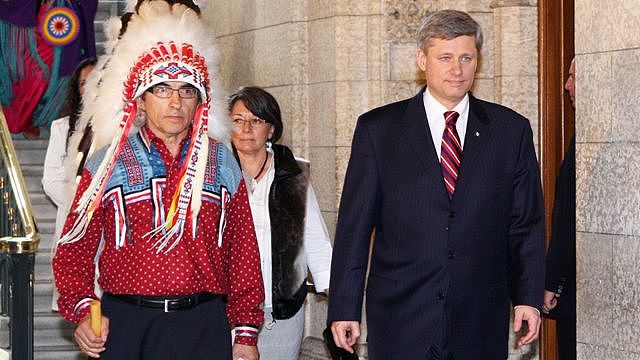 2008年，前总理哈珀和原住民首领之一，菲尔·方坦（Phil Fontaine）