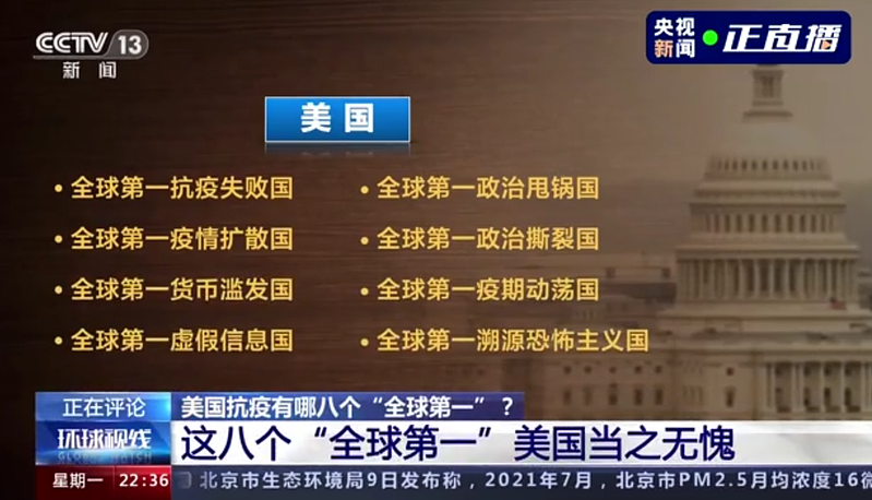 中国3家与官方友好的智库9日在北京公布报告，封美国为「全球第一抗疫失败国」、「全球第一政治甩锅国」等8个「第一」。(影片截屏)