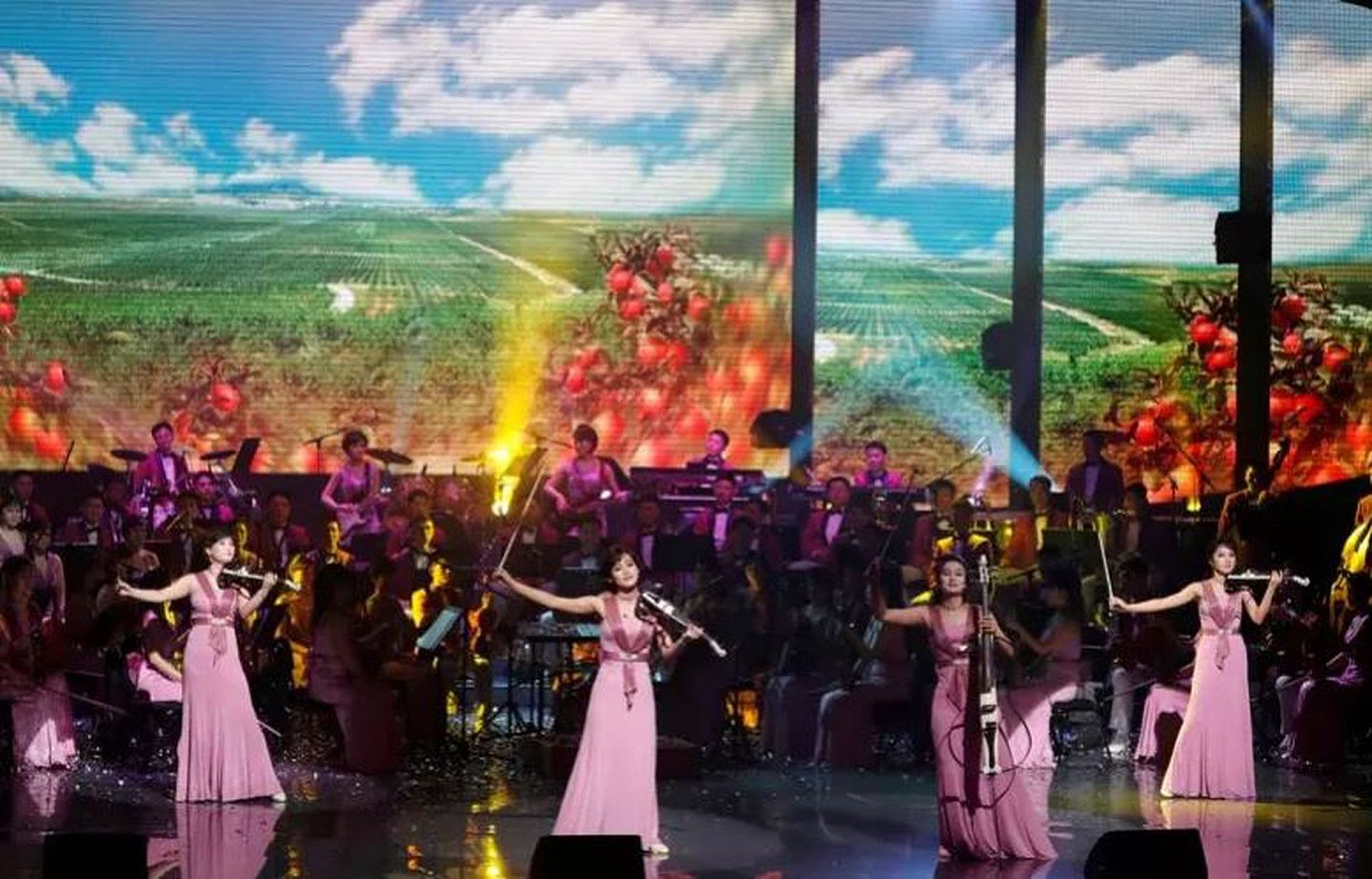 有美女团之称的三池渊管弦乐团2018年在韩国江原道首次演出，场面盛大。(路透社)