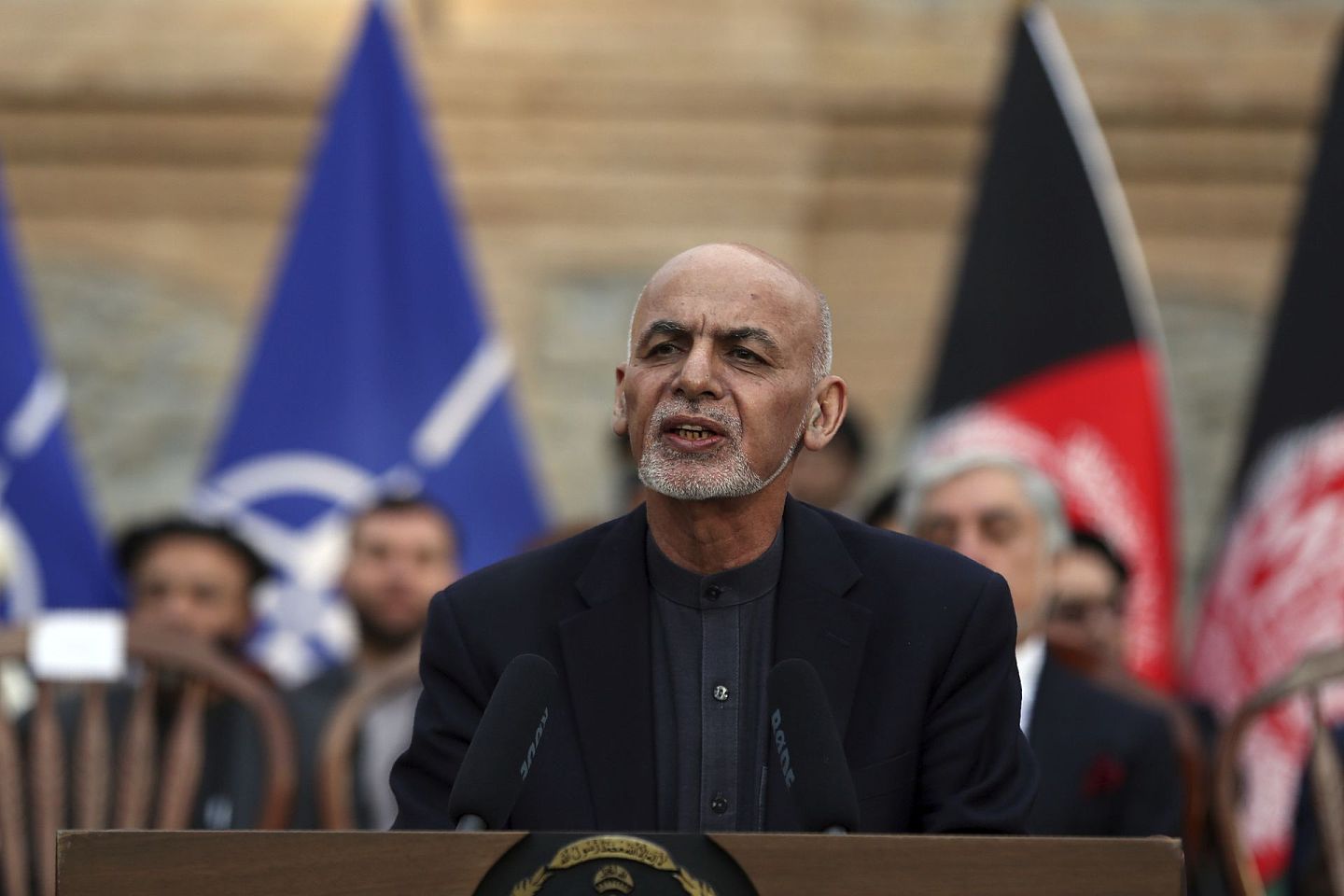 2020年2月29日，阿富汗总统加尼在喀布尔总统府举行的联合新闻发布会上发表讲话。（AP）