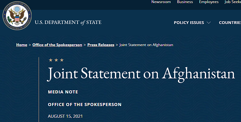 美英法德日等72国发表联合声明：必须允许阿富汗人和外国公民离境